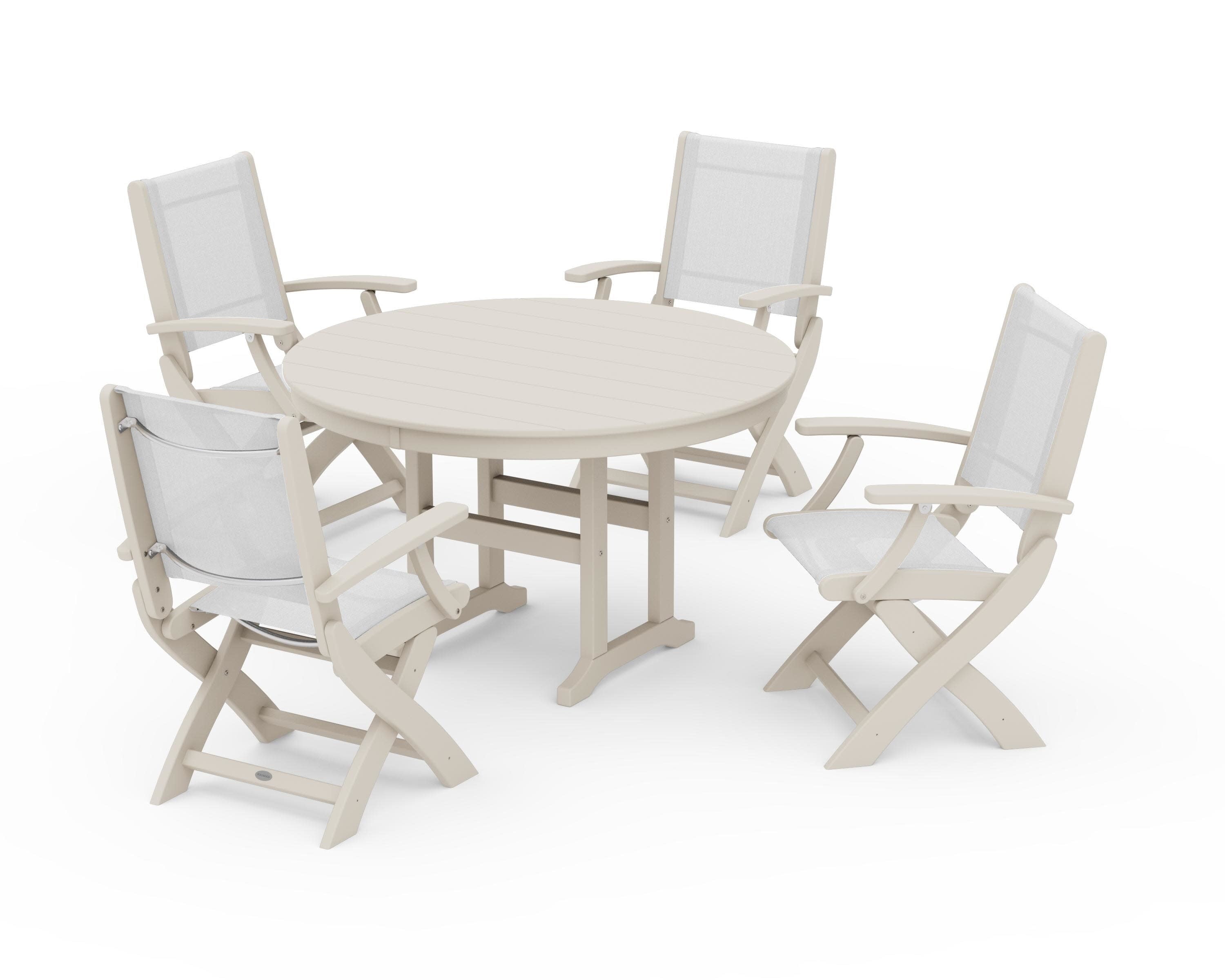 Coastal Folding Chair 5-Piece Round Dining Set in Sand / White Sling