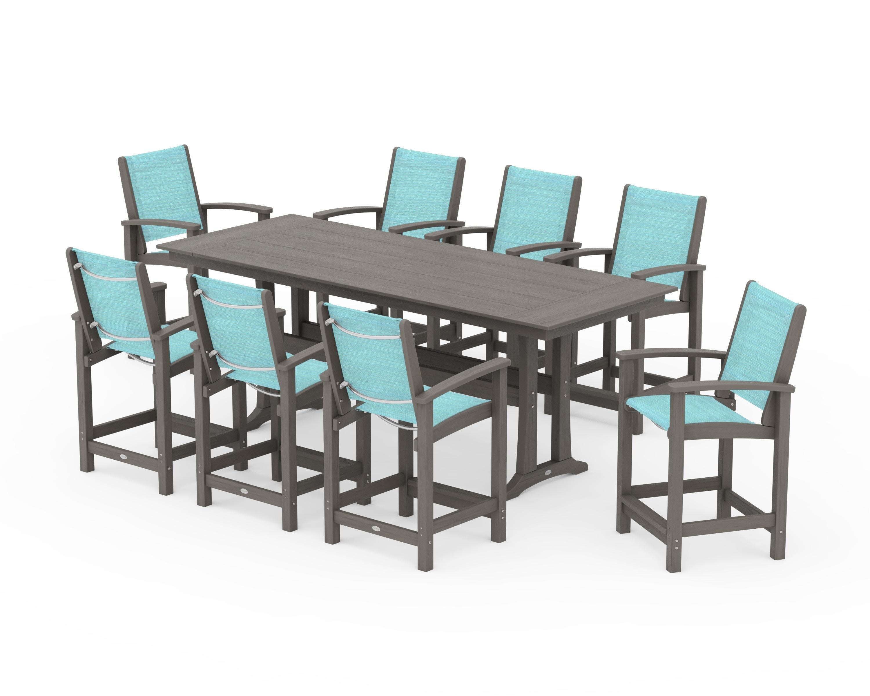 Coastal 9-Piece Farmhouse Counter Set with Trestle Legs in Driftwood / Dupioni Aquamarine Sling