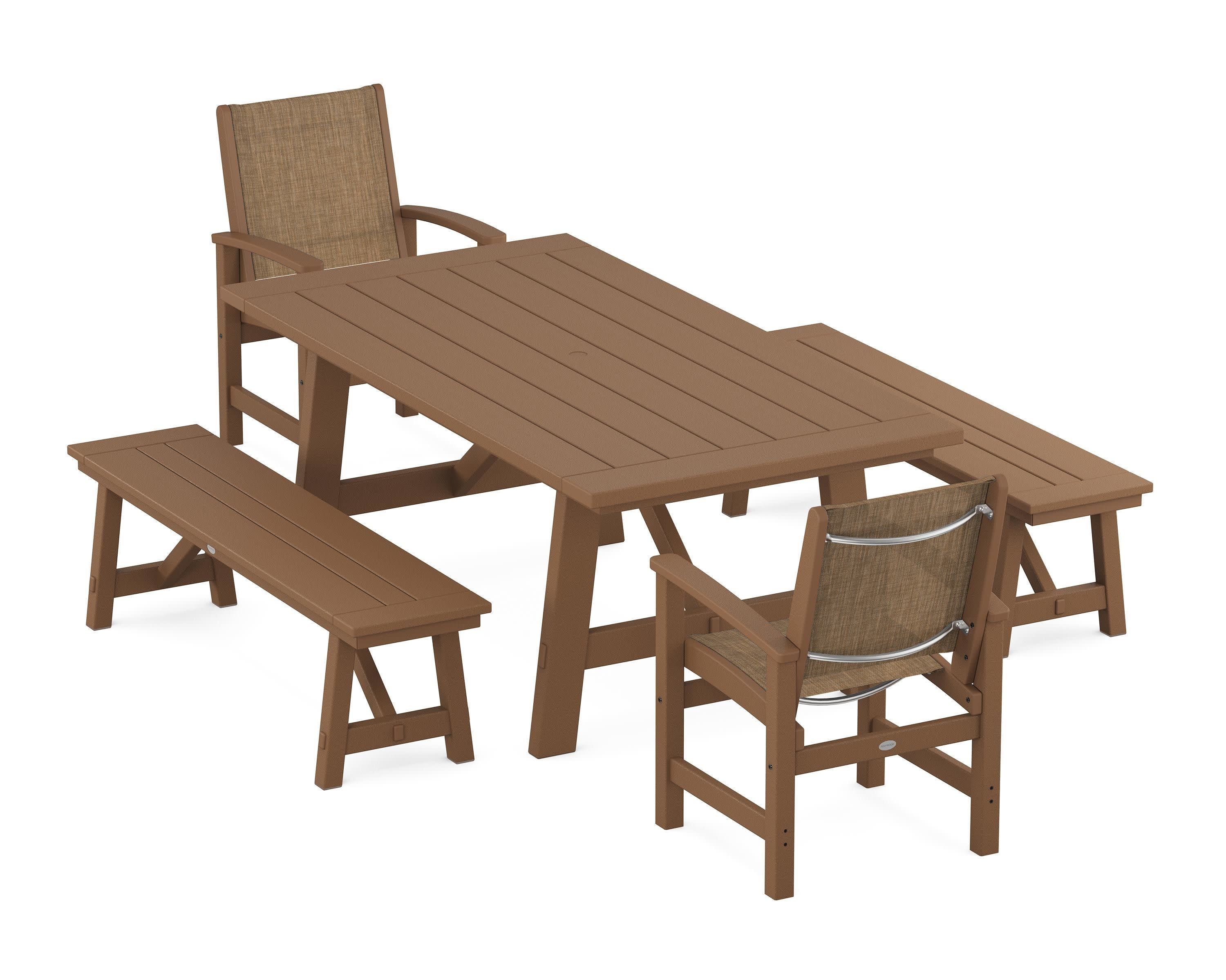 Coastal 5-Piece Rustic Farmhouse Dining Set With Benches in Teak / Burlap Sling