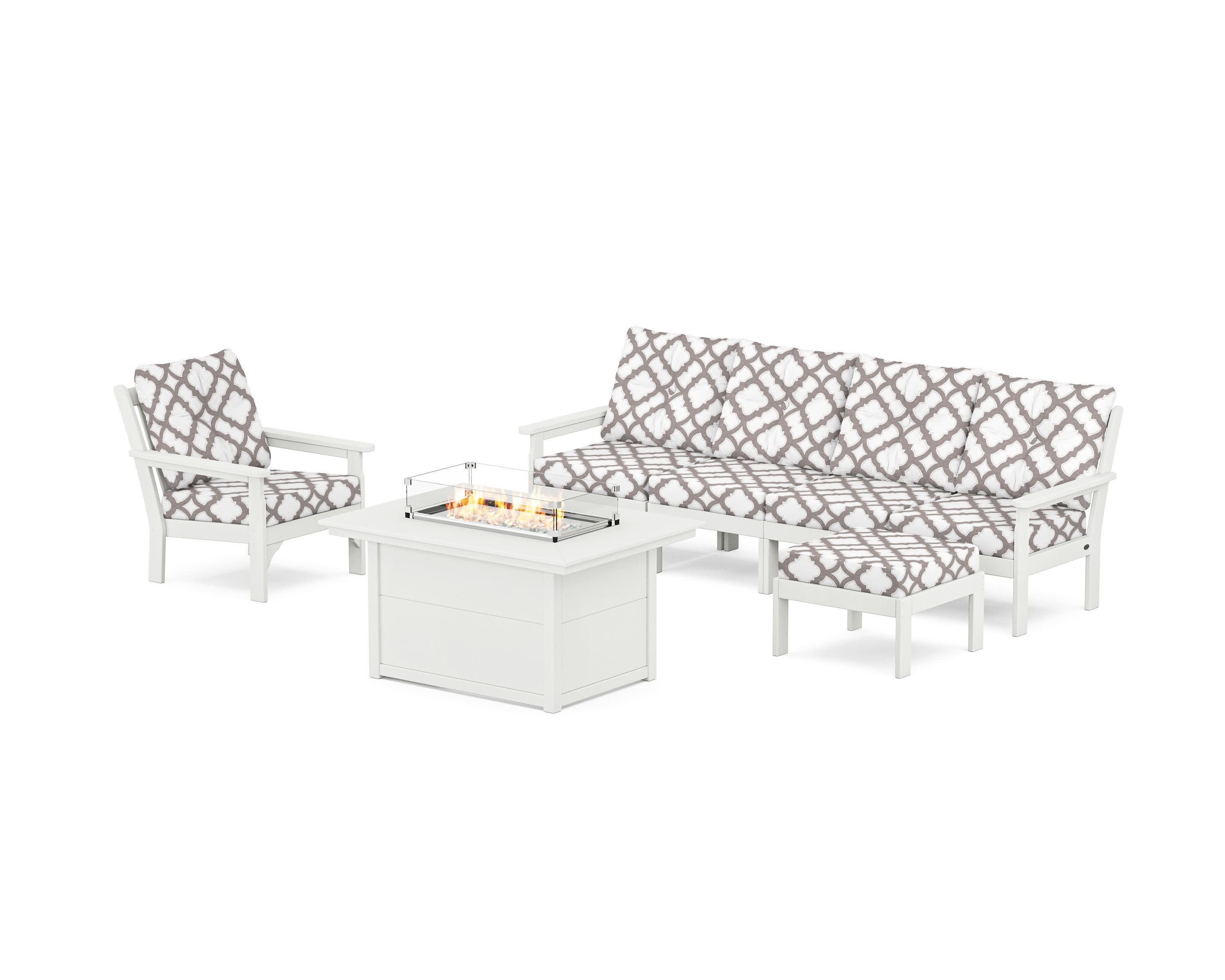 Vineyard Sectional Lounge and Fire Pit Set in Vintage White / Trellis Grey Mist