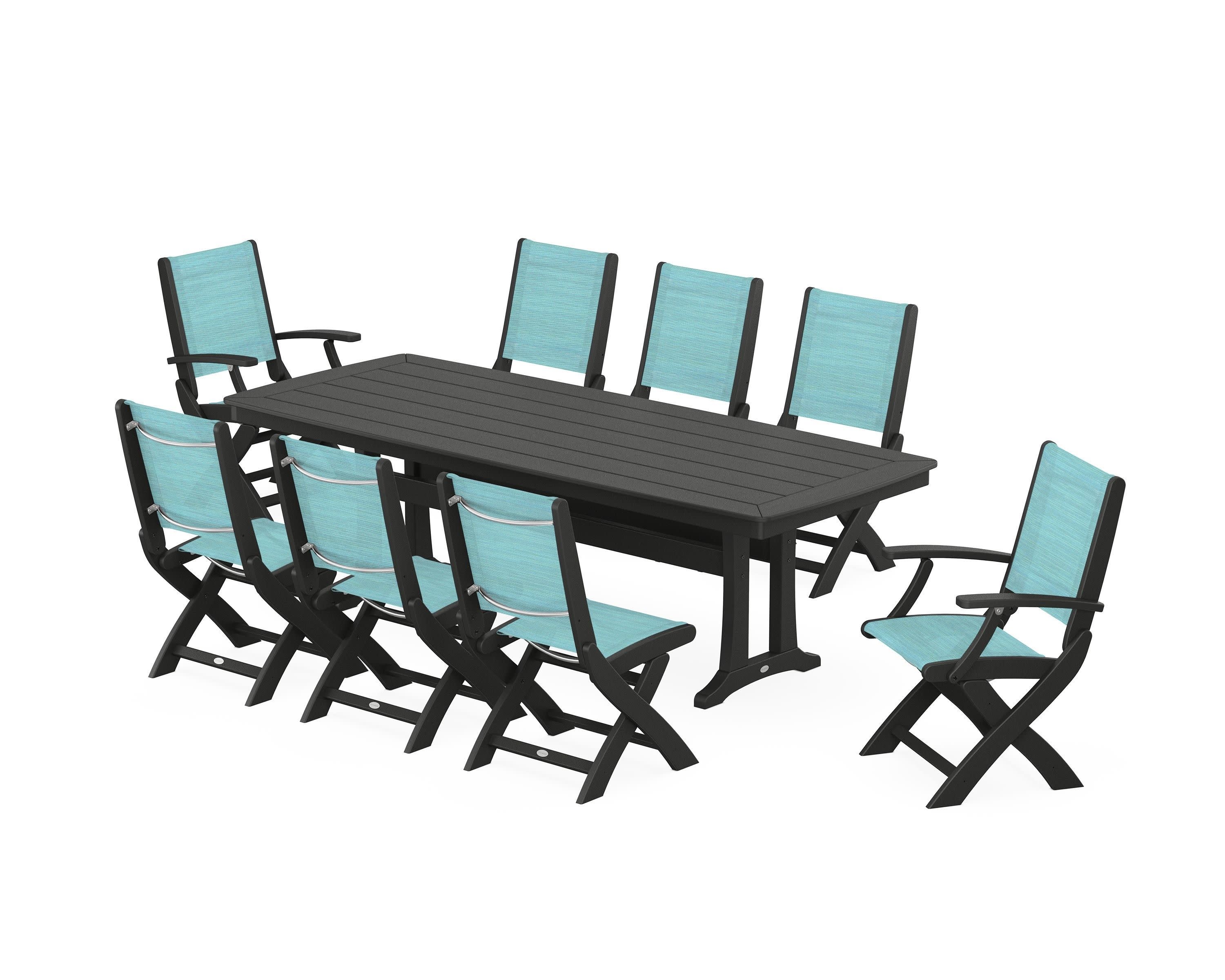 Coastal Folding 9-Piece Dining Set with Trestle Legs in Black / Dupioni Aquamarine Sling