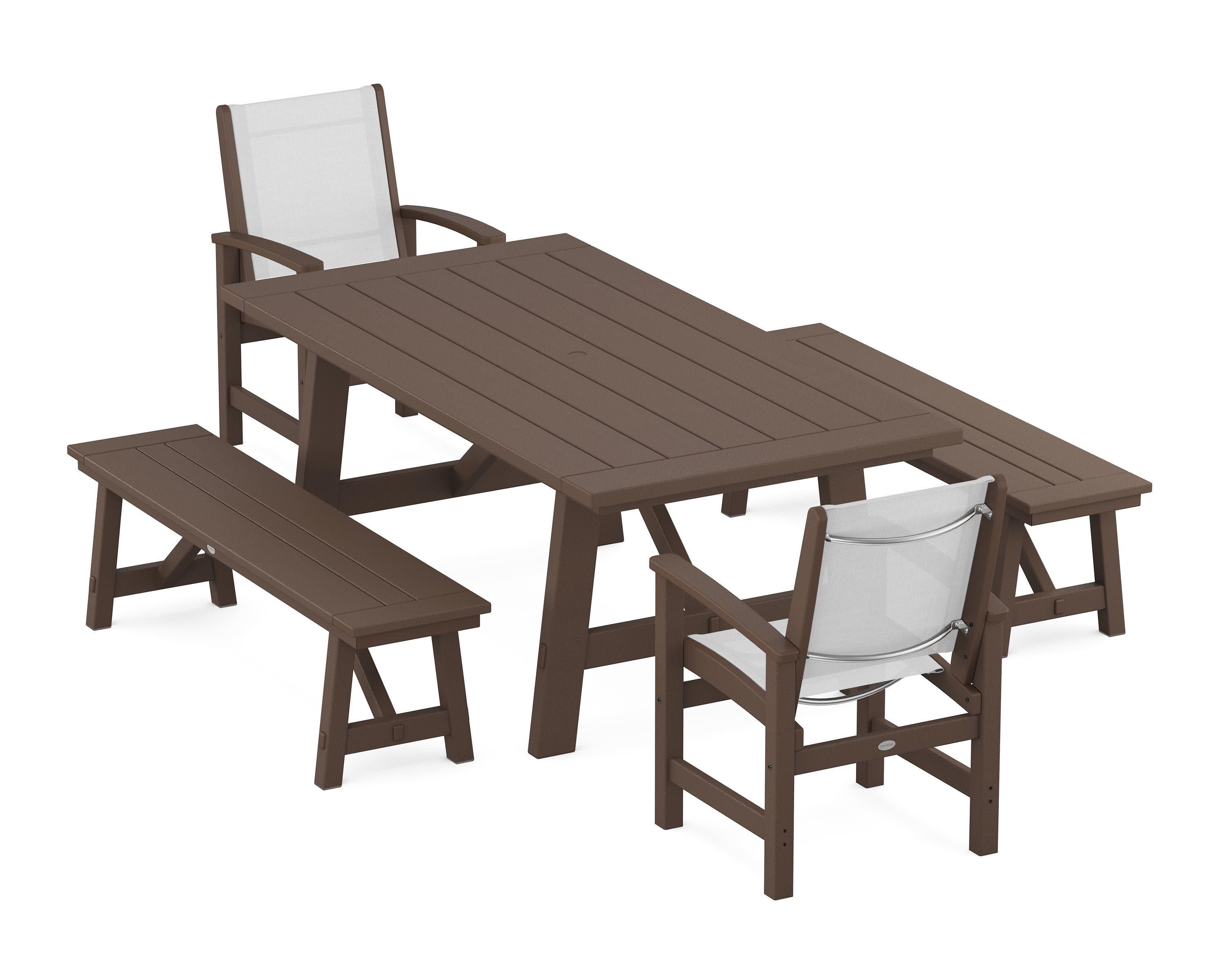 Coastal 5-Piece Rustic Farmhouse Dining Set With Benches in Mahogany / White Sling