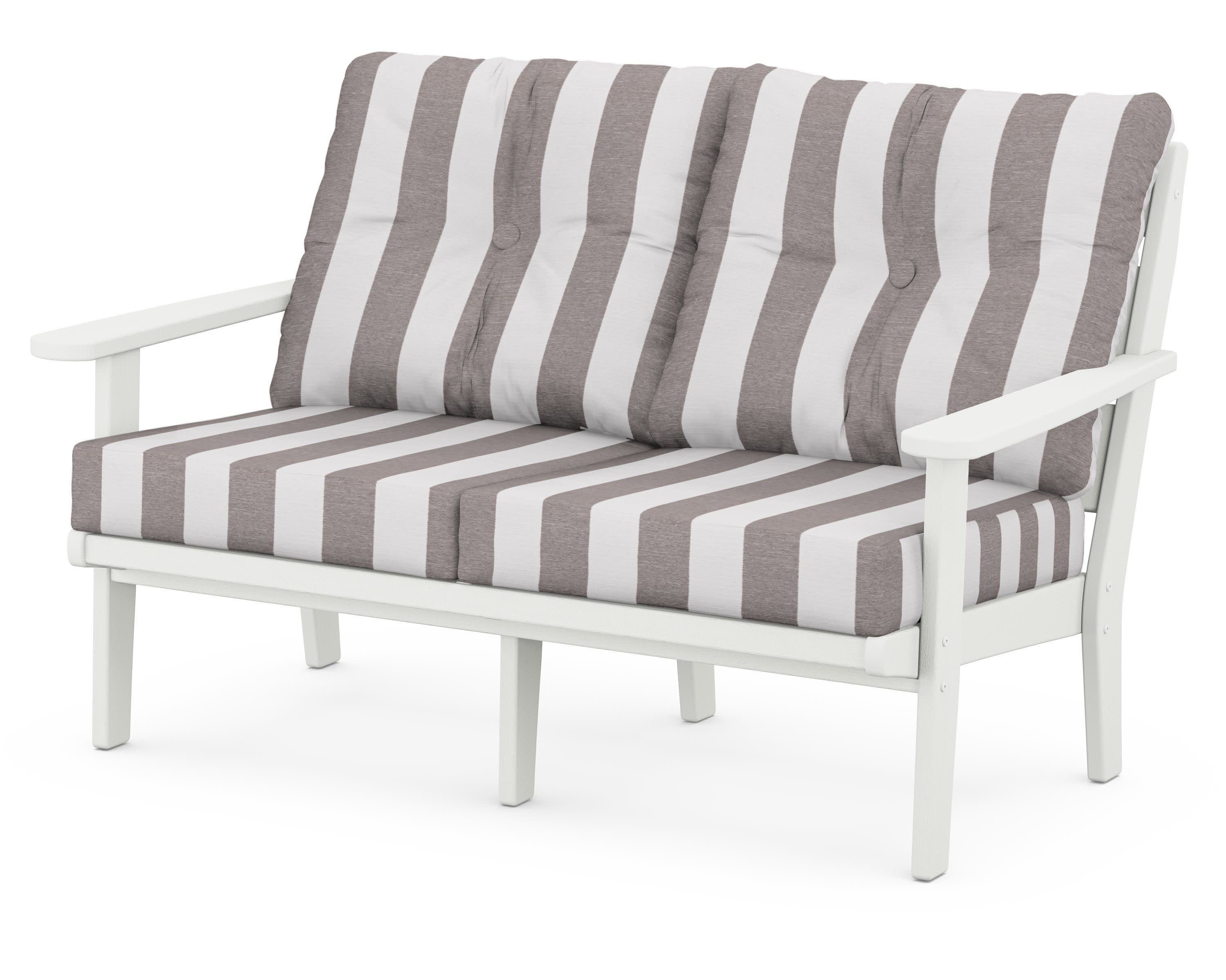 Lakeside Deep Seating Loveseat in Vintage White / Cabana Stripe Grey Mist