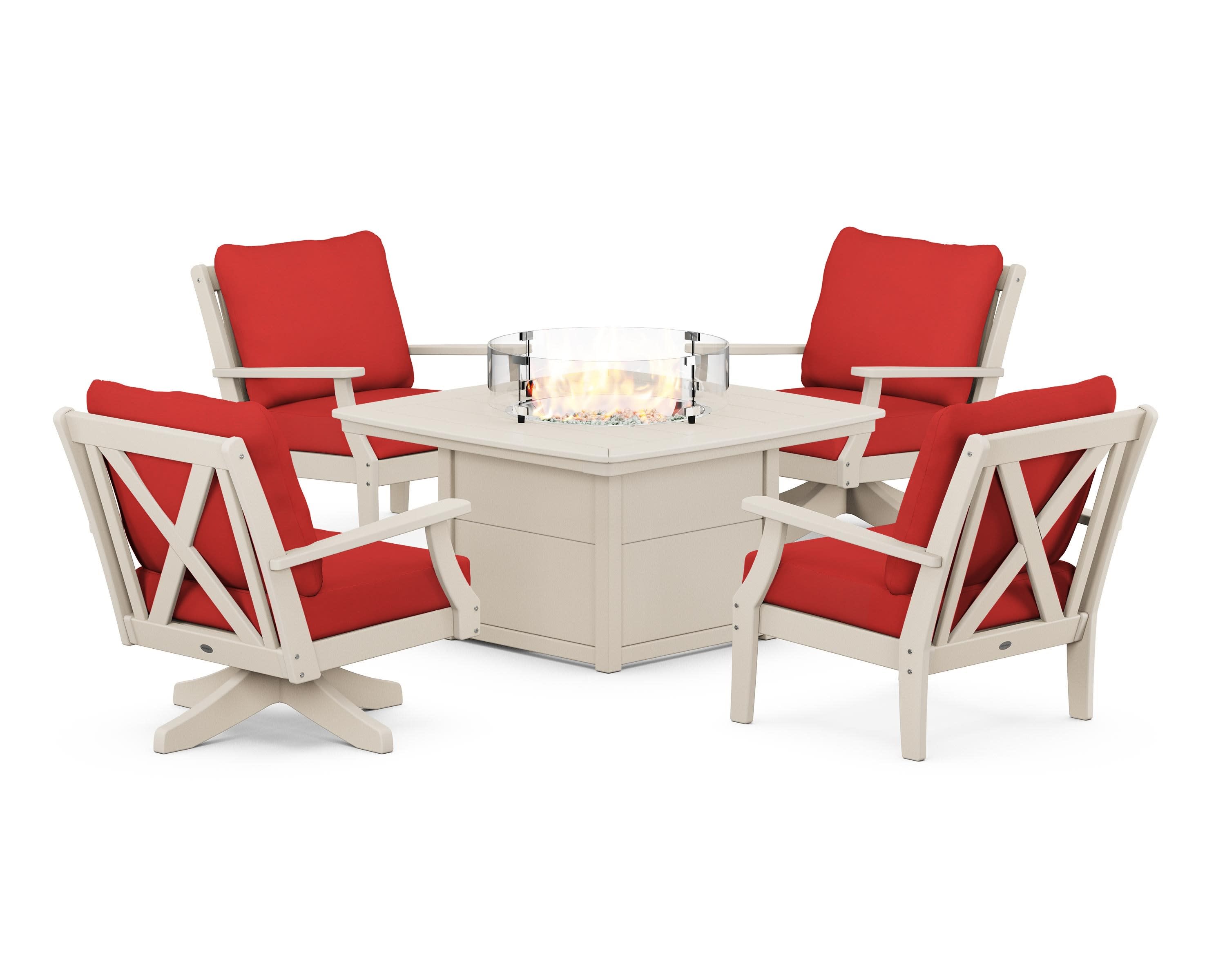 Braxton 5-Piece Deep Seating Set with Fire Table in Sand / Crimson Linen