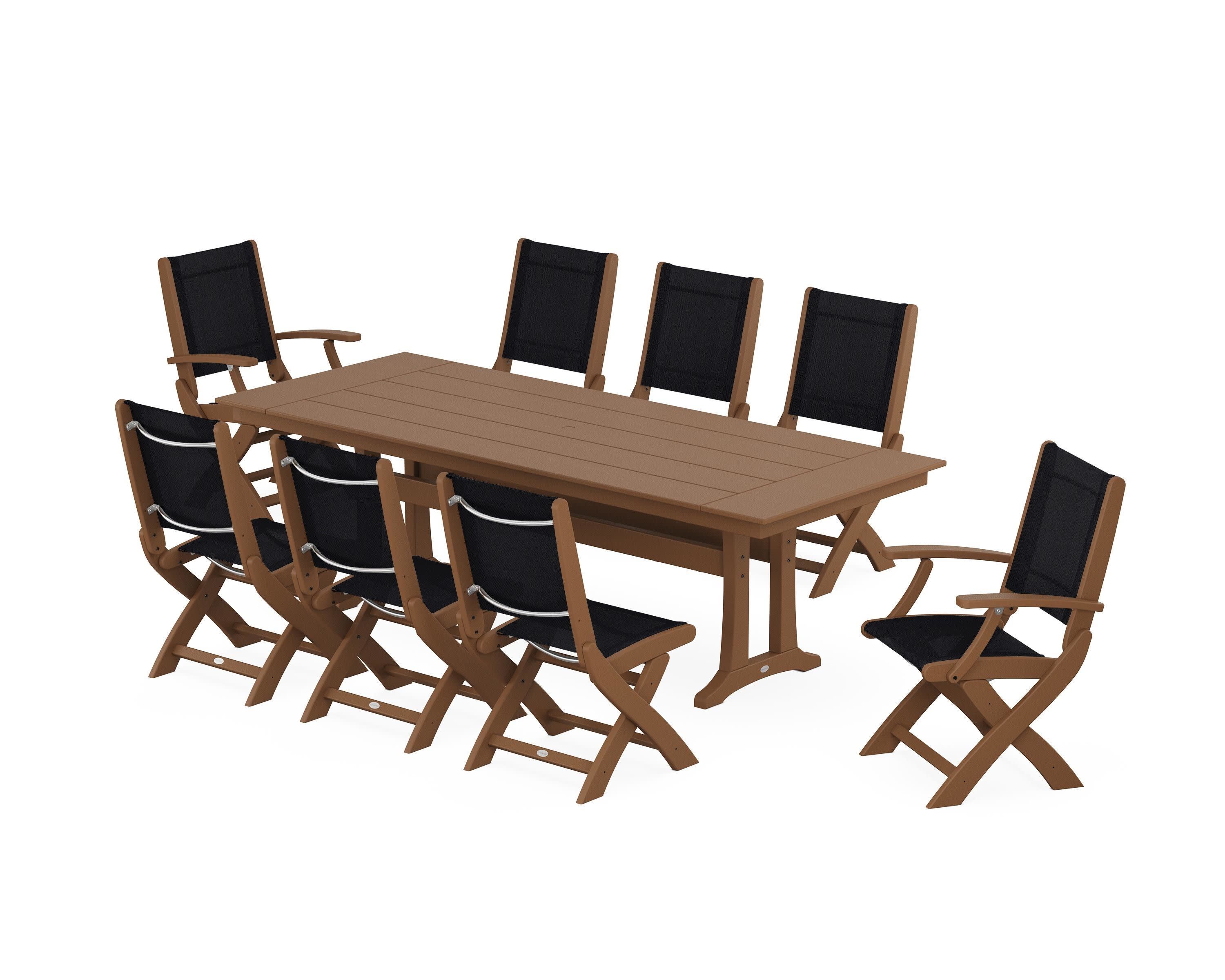 Coastal 9-Piece Folding Dining Chair Farmhouse Dining Set with Trestle Legs in Teak / Black Sling