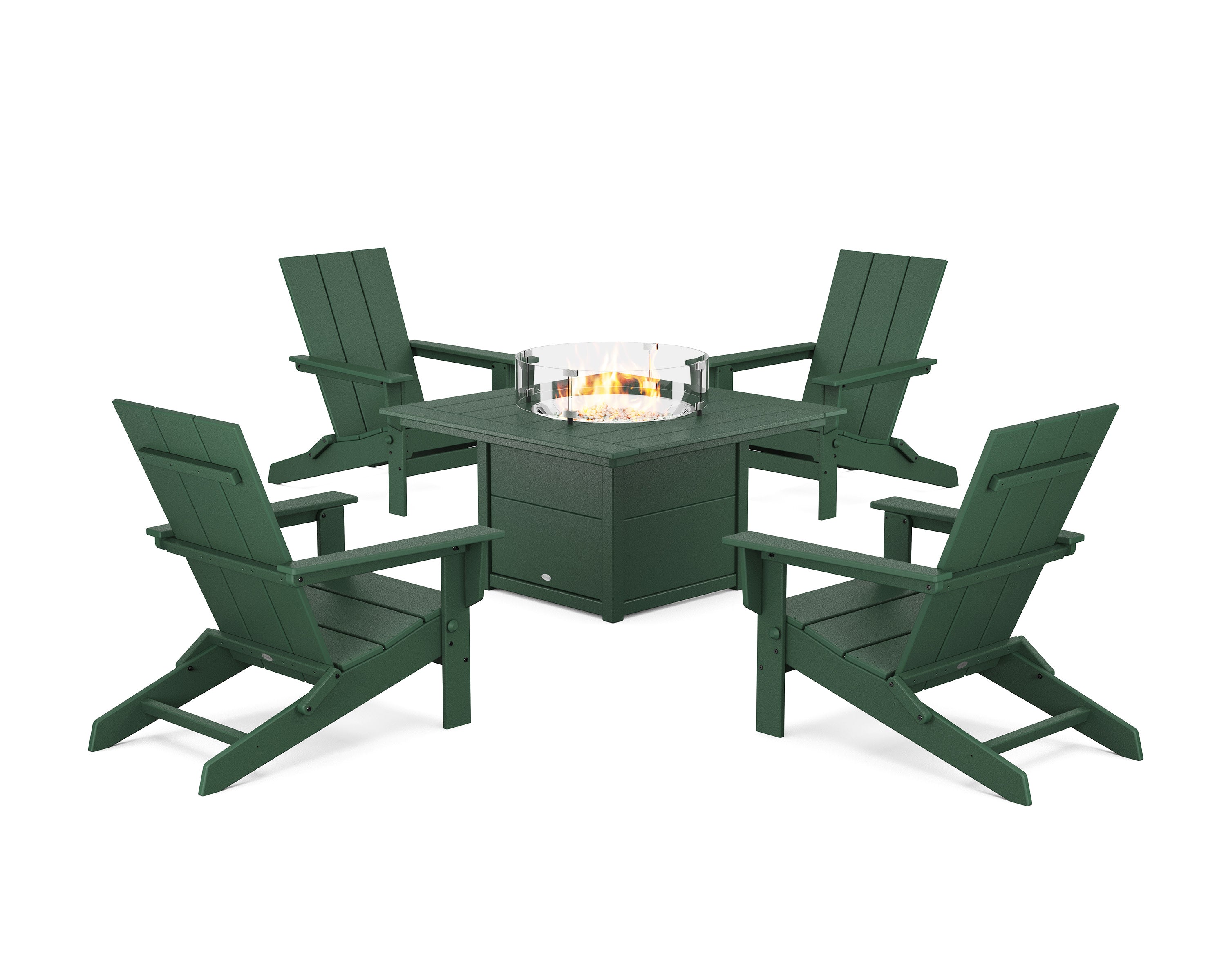 5-Piece Modern Studio Folding Adirondack Conversation Set with Fire Pit Table in Green