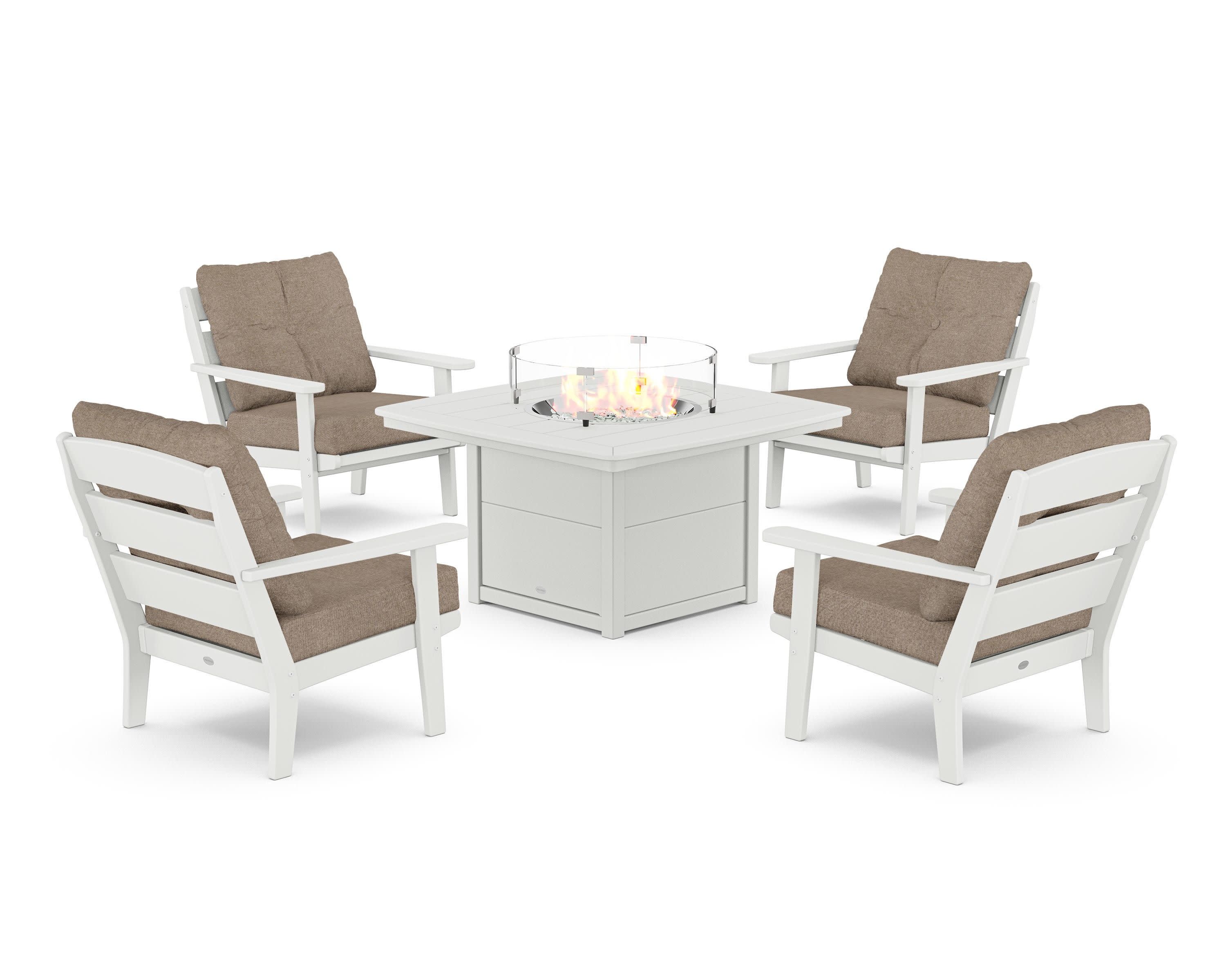 Lakeside 5-Piece Deep Seating Set with Nautical Fire Pit Table in White / Spiced Burlap