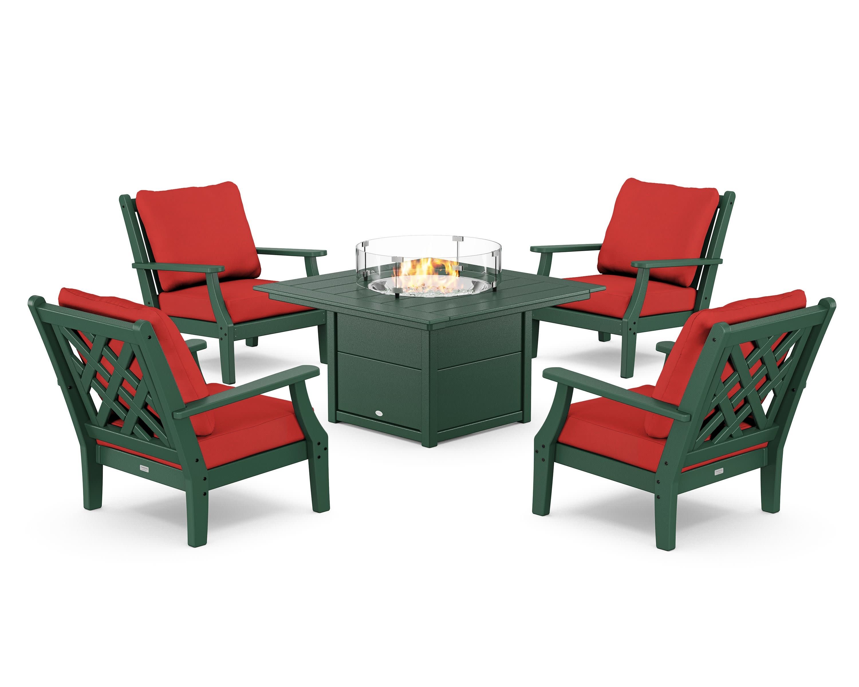 Wovendale 5-Piece Deep Seating Set with Fire Pit Table in Green / Crimson Linen
