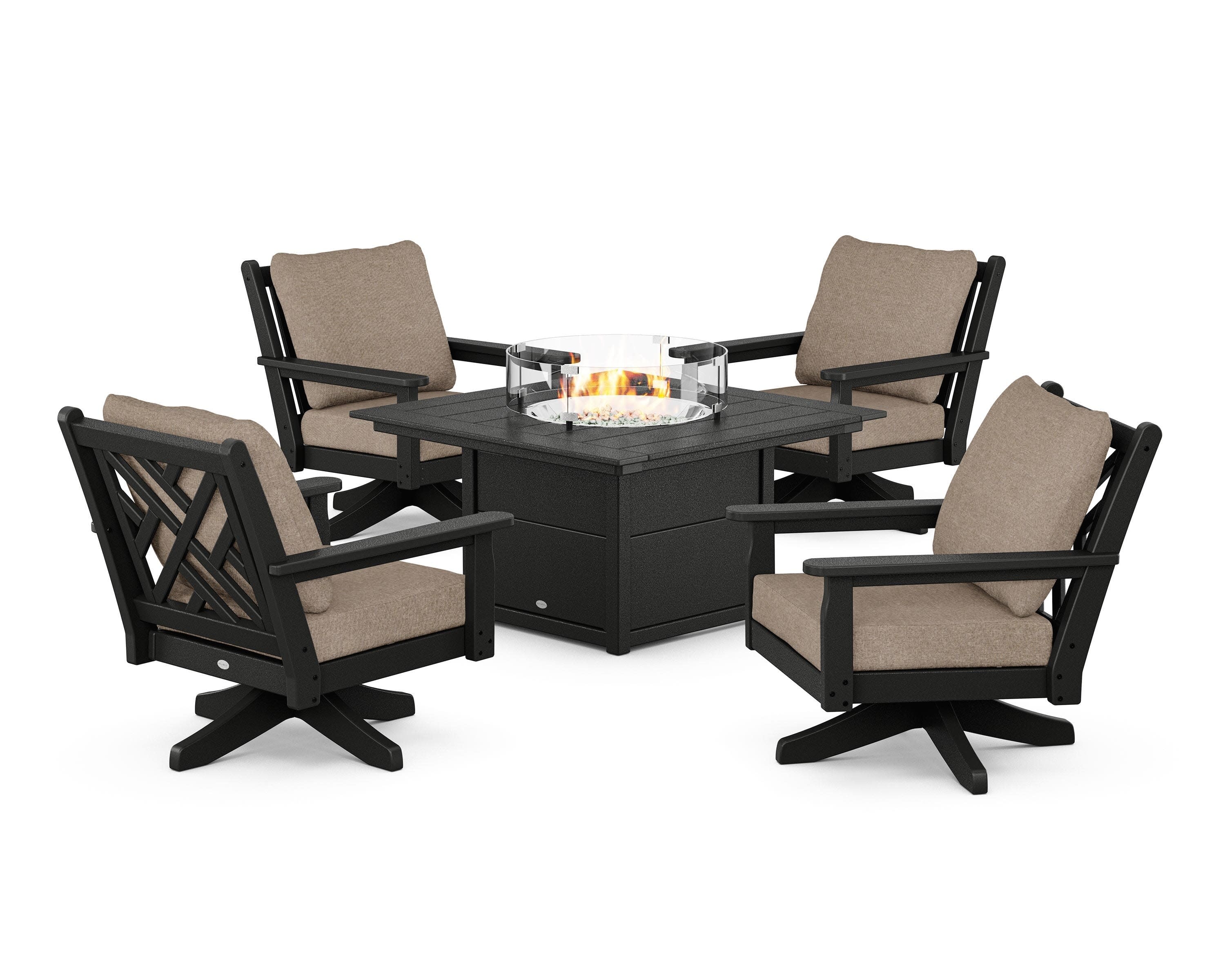 Chippendale 5-Piece Deep Seating Swivel Conversation Set with Fire Pit Table in Black / Spiced Burlap