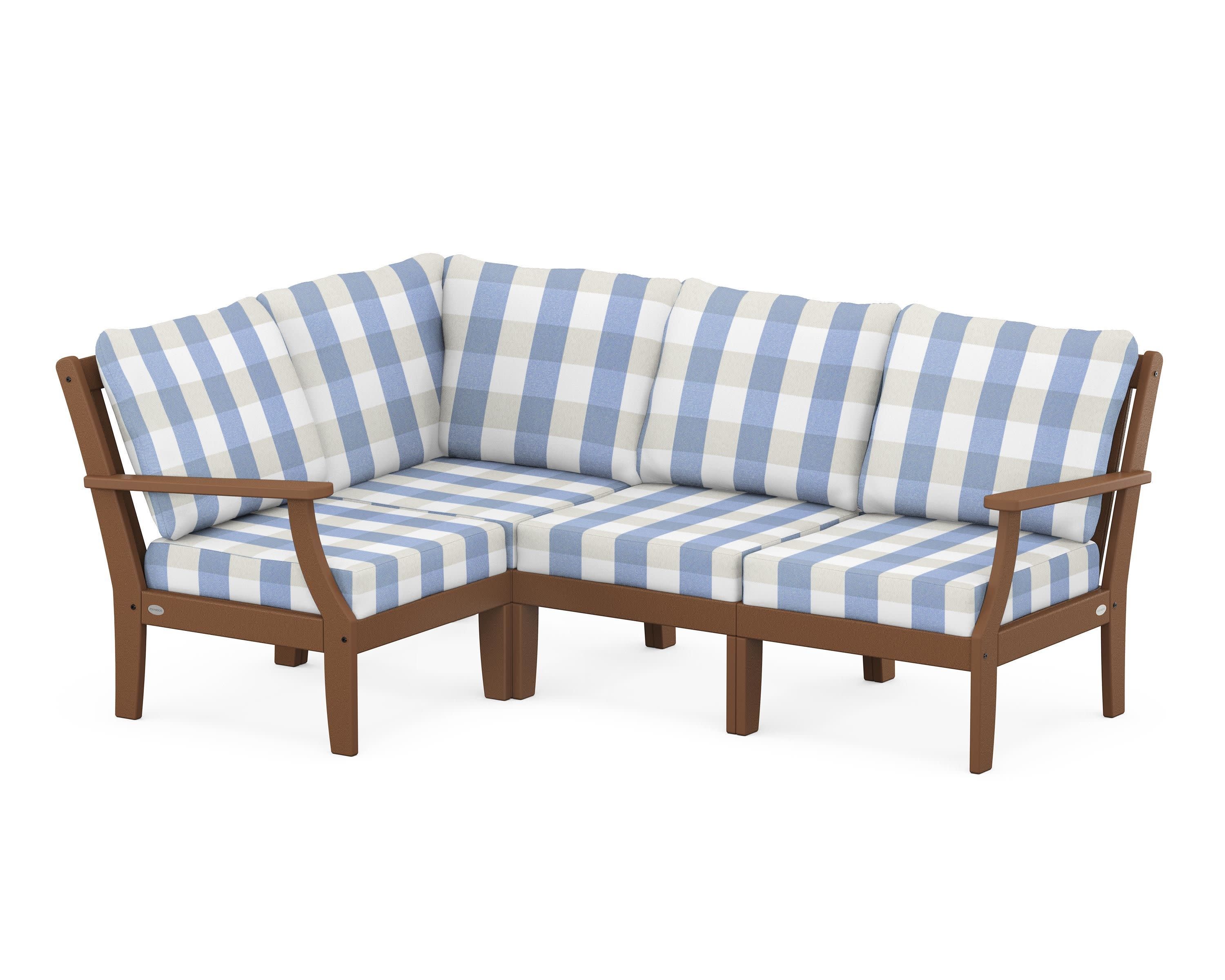 Braxton Modular 4-Piece Deep Seating Set in Teak / Buffalo Plaid Sky Blue