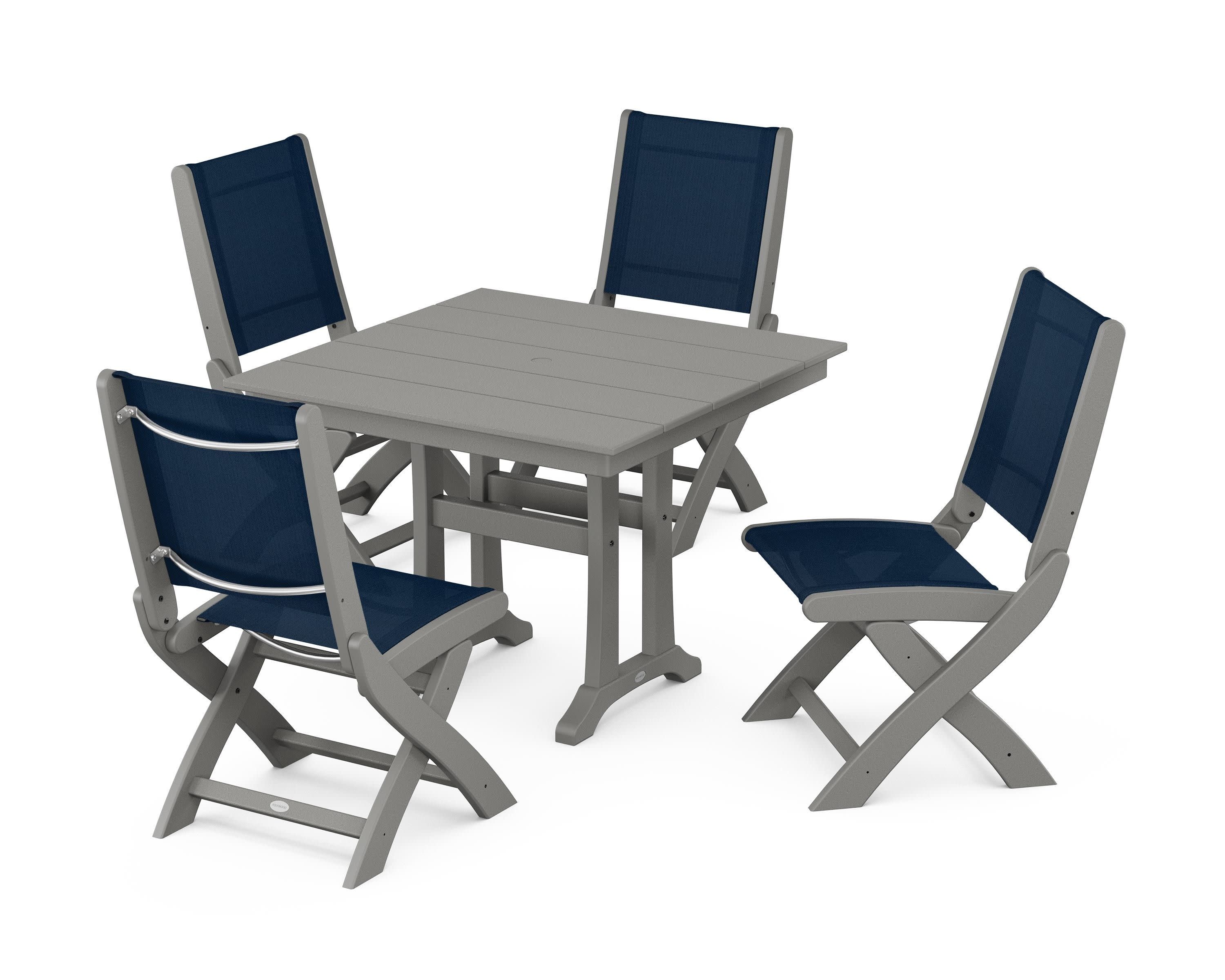 Coastal Folding Side Chair 5-Piece Farmhouse Dining Set With Trestle Legs in Slate Grey / Navy Blue Sling