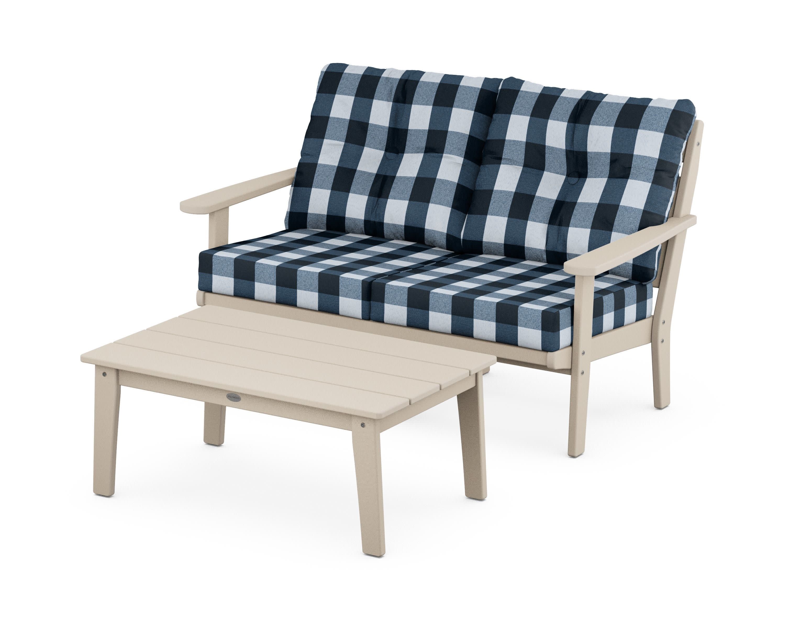 Lakeside 2-Piece Lounge Loveseat Set in Sand / Buffalo Plaid Marine Indigo