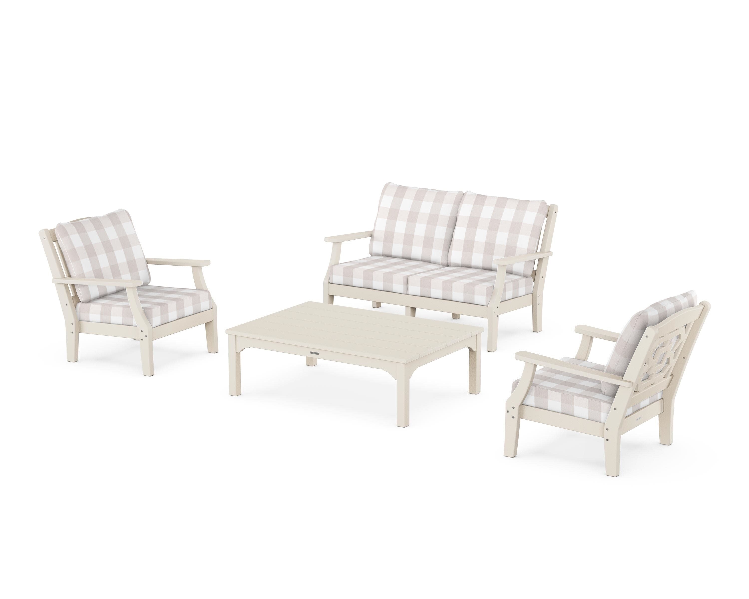 Chinoiserie 4-Piece Deep Seating Set with Loveseat in Sand / Buffalo Plaid Dune Burlap