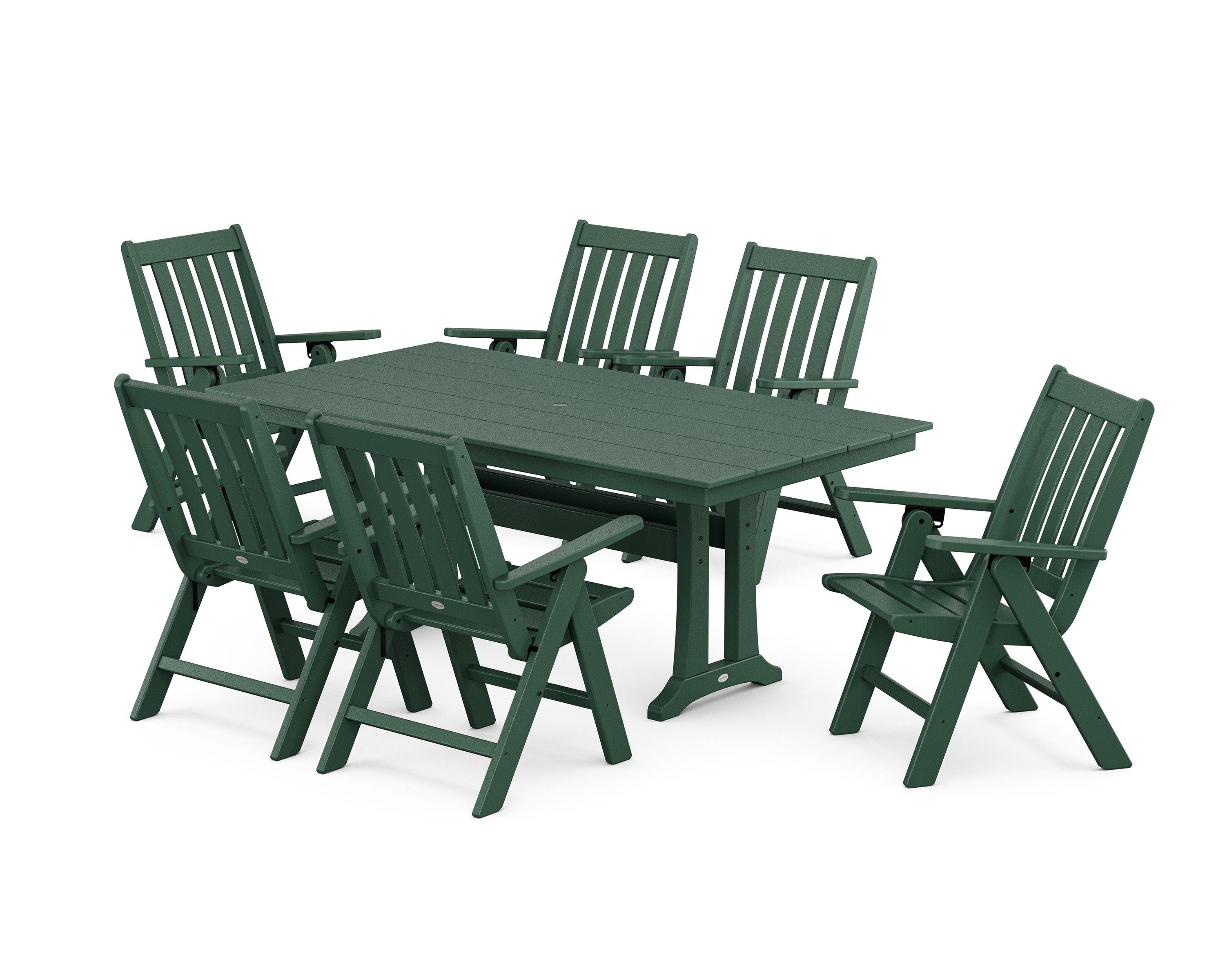 Vineyard Folding Chair 7-Piece Farmhouse Dining Set with Trestle Legs in Green