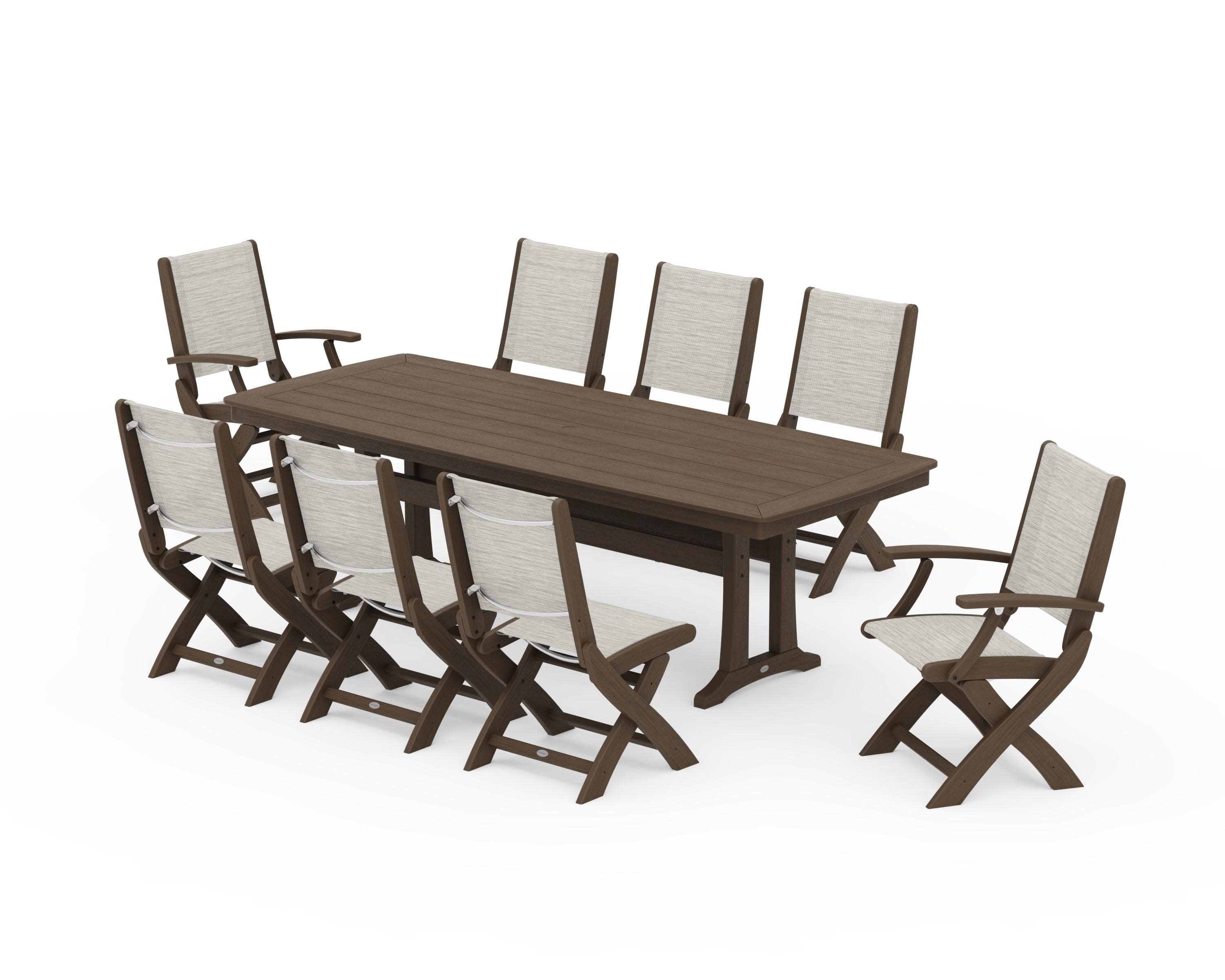 Coastal Folding 9-Piece Dining Set with Trestle Legs in Kona / Birch Sling
