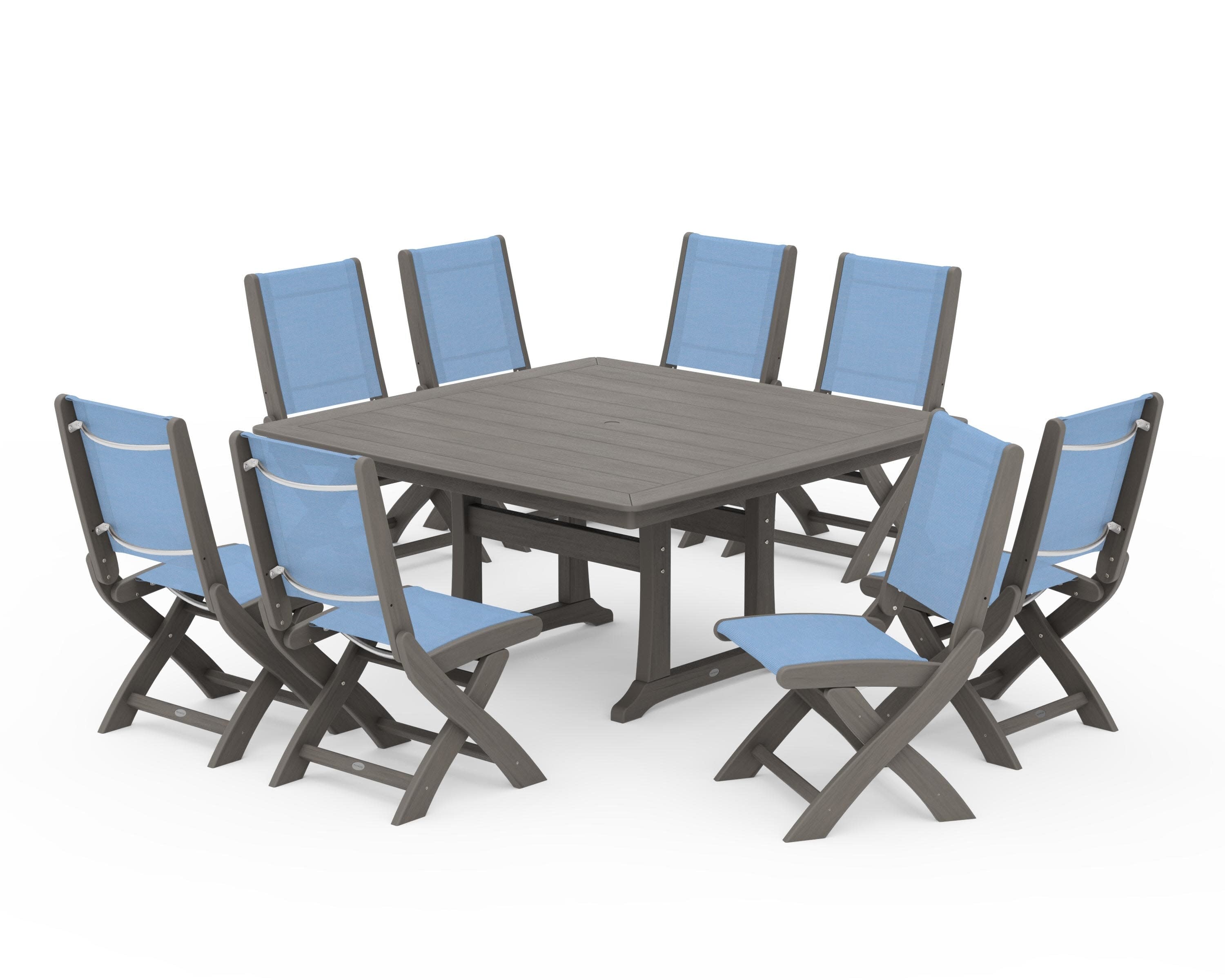 Coastal Folding Side Chair 9-Piece Dining Set with Trestle Legs in Driftwood / Poolside Sling