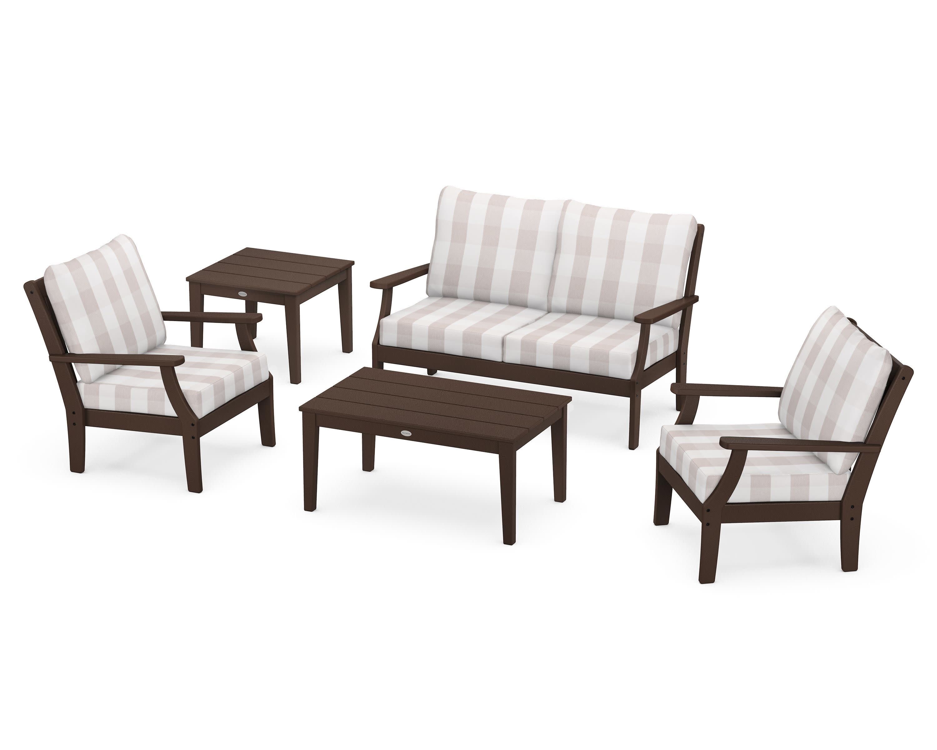 Braxton 5-Piece Deep Seating Set in Mahogany / Buffalo Plaid Dune Burlap