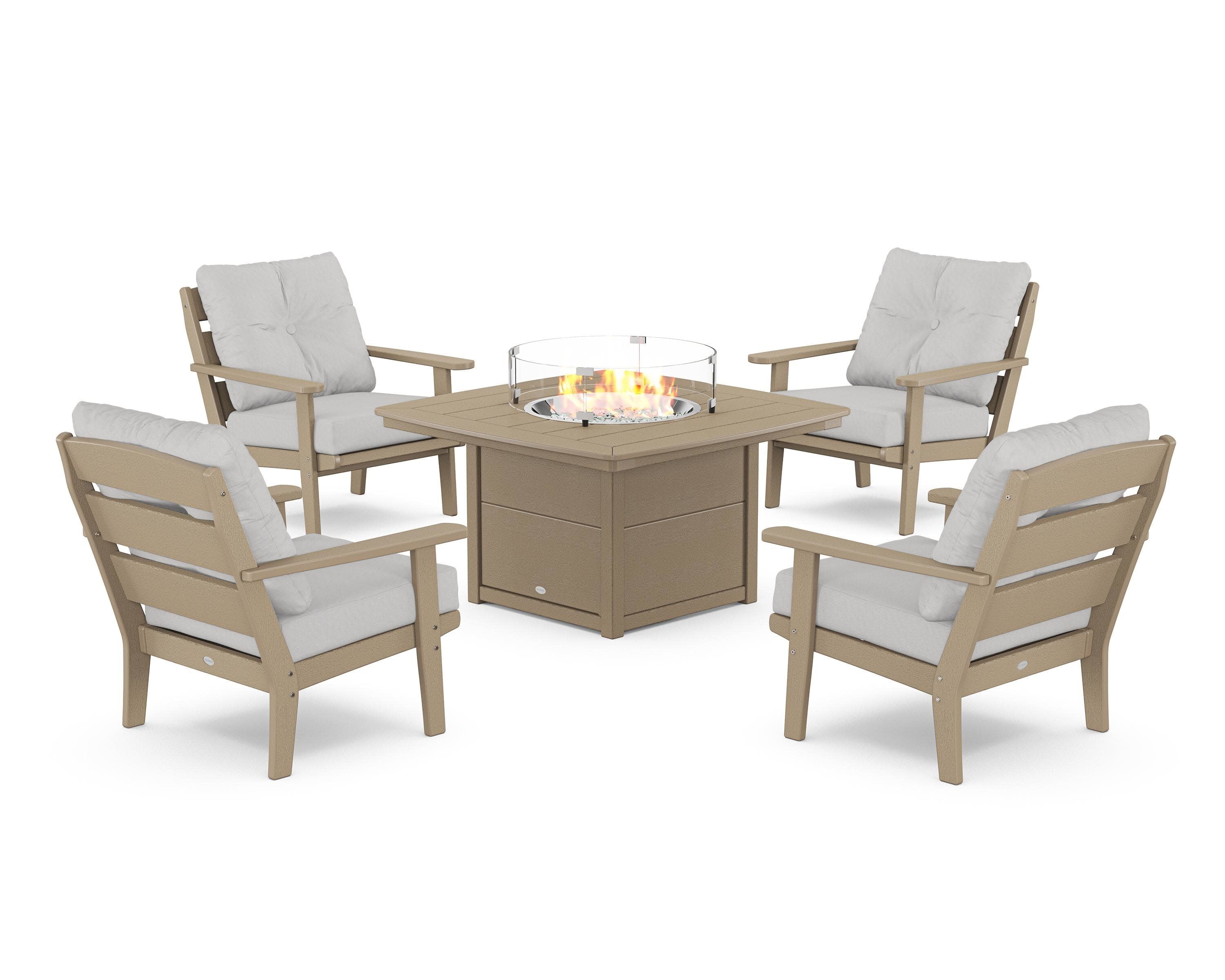 Lakeside 5-Piece Deep Seating Set with Nautical Fire Pit Table in Vintage Sahara / Diamond in the Rough