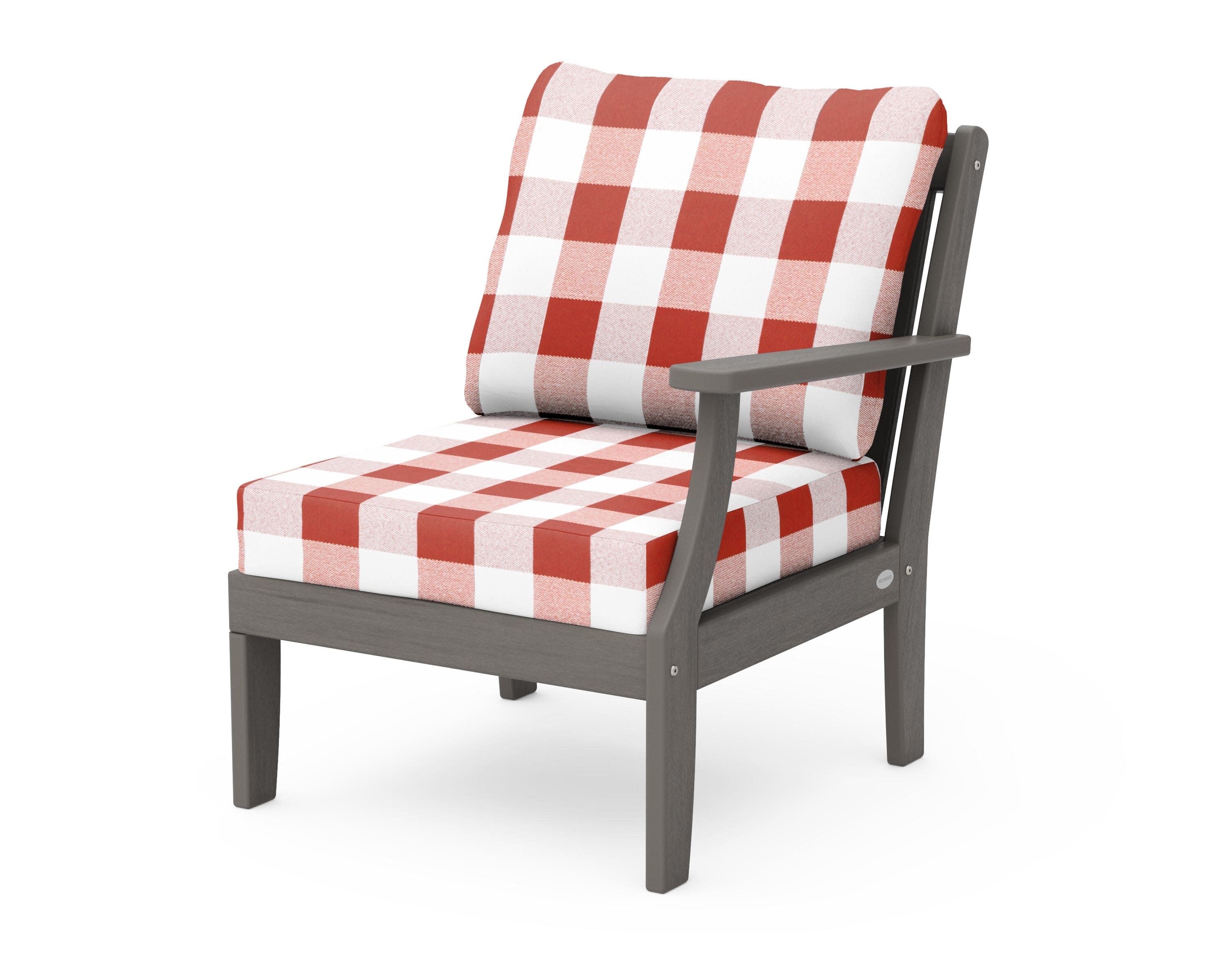 Braxton Modular Right Arm Chair in Driftwood / Buffalo Plaid Crimson