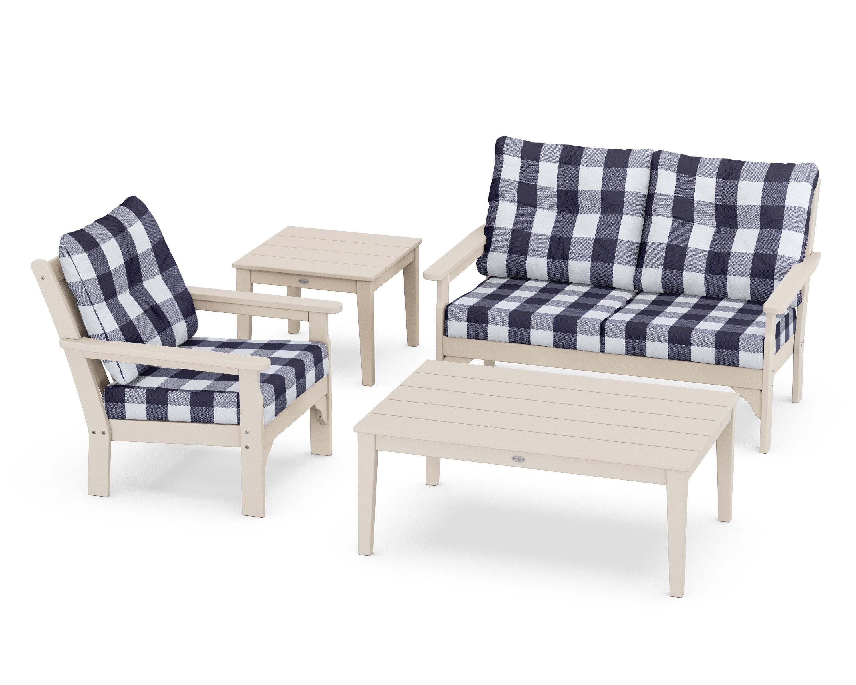 Vineyard 4-Piece Deep Seating Set in Sand / Buffalo Plaid Navy