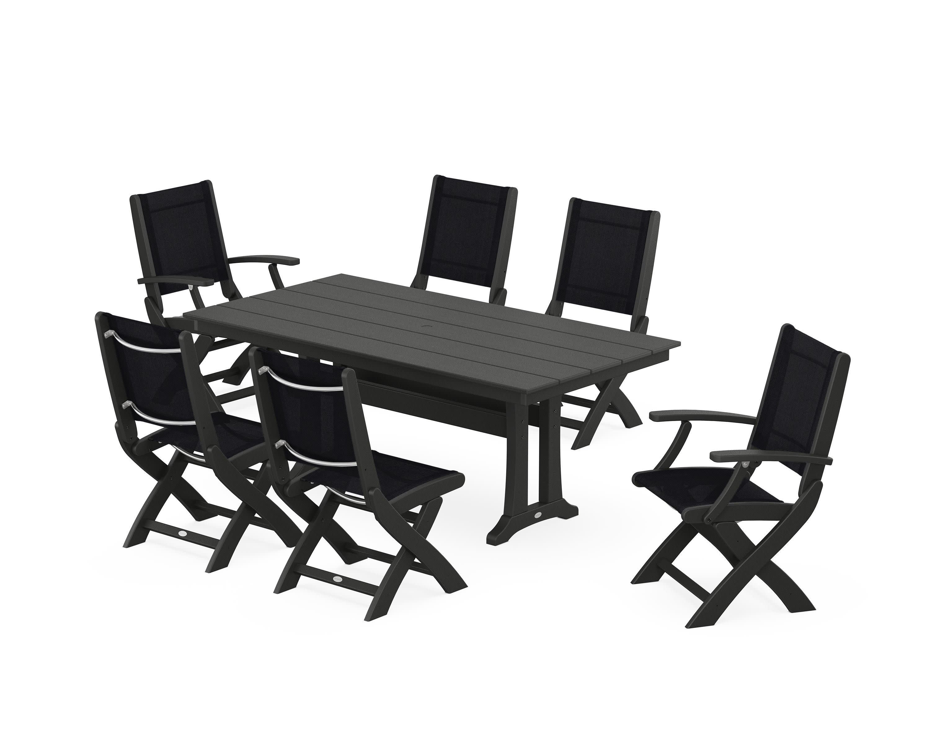 Coastal Folding Chair 7-Piece Farmhouse Dining Set with Trestle Legs in Black / Black Sling