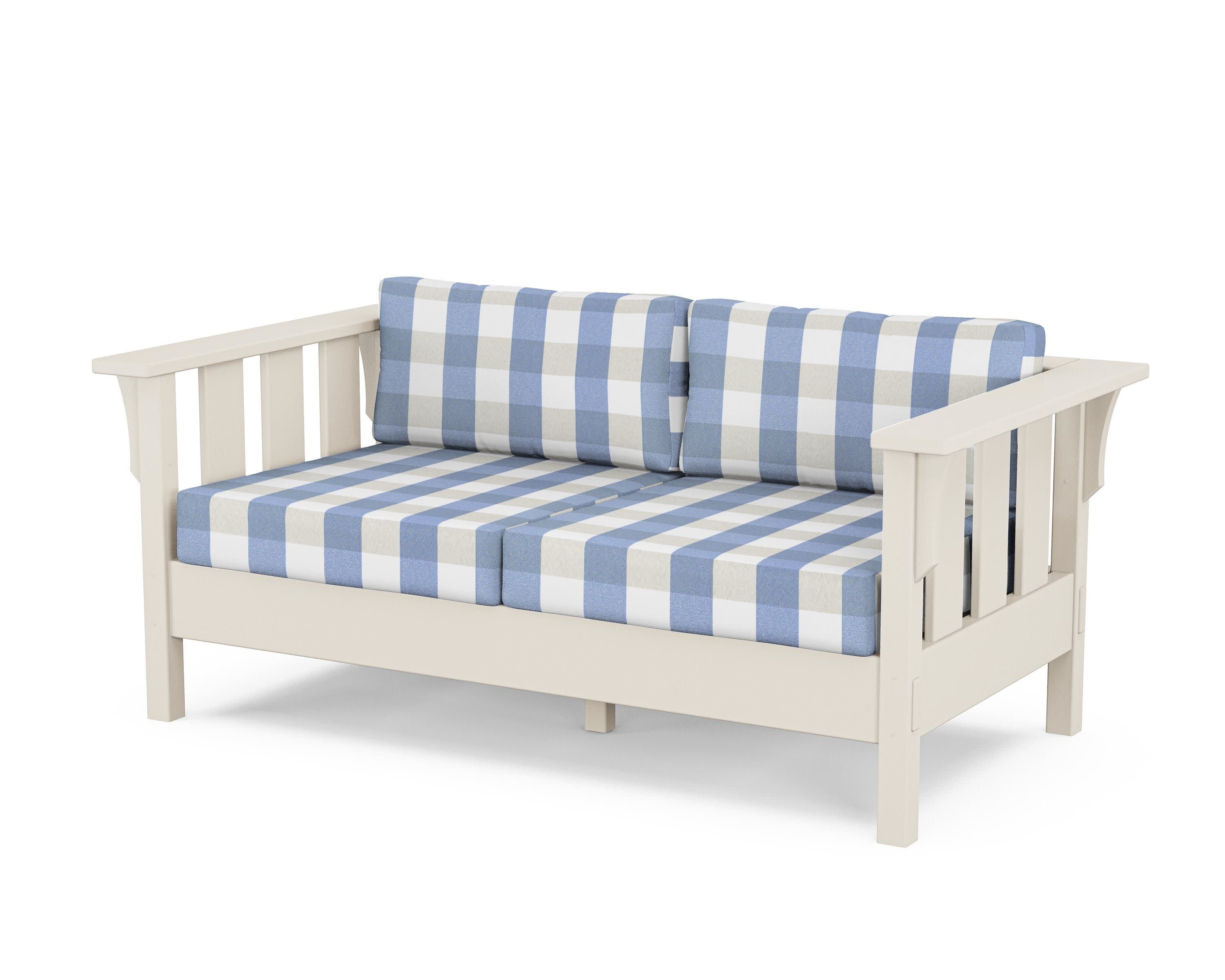Acadia Deep Seating Loveseat in Sand / Buffalo Plaid Sky Blue