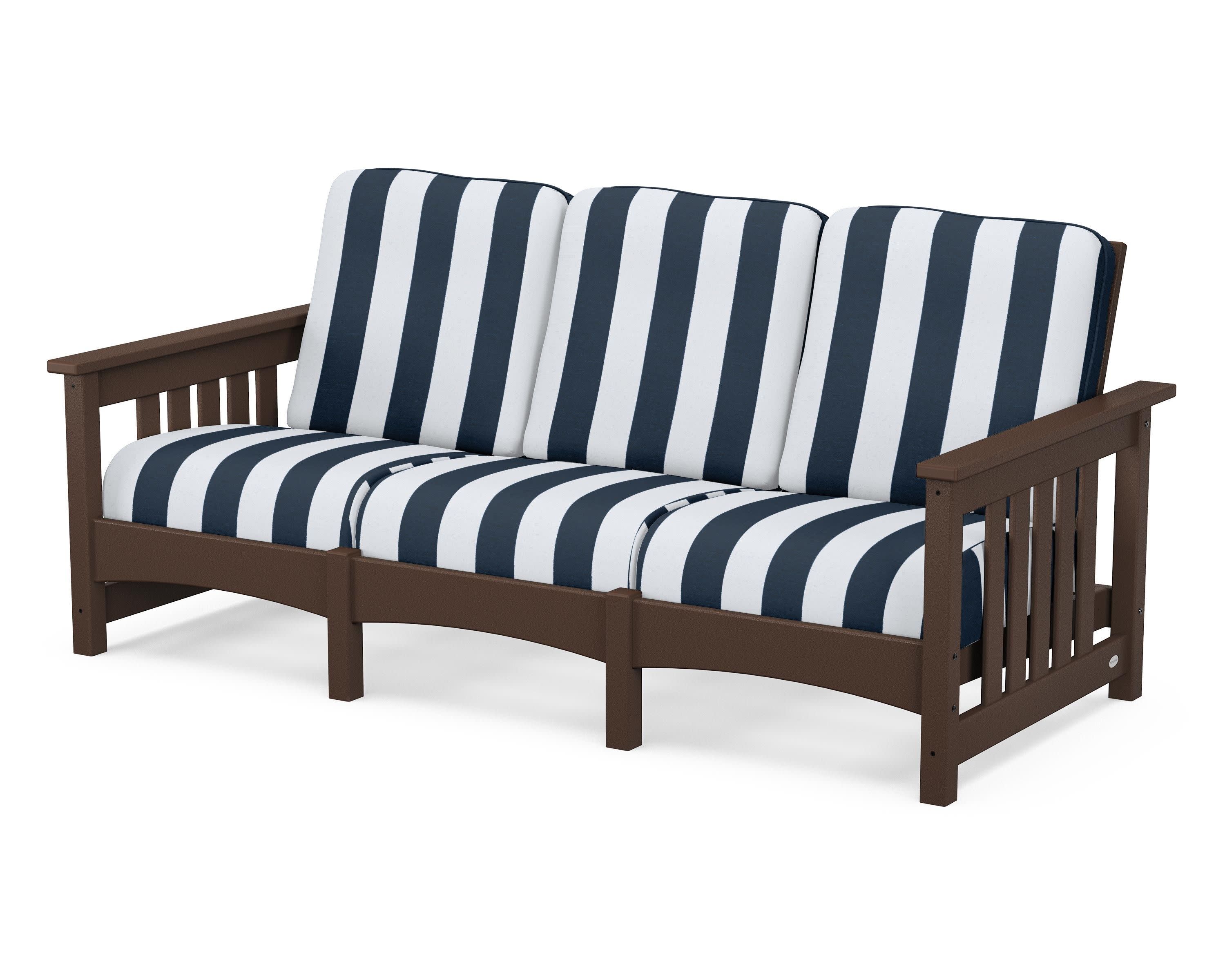 Club Mission Sofa in Mahogany / Cabana Stripe Marine Indigo
