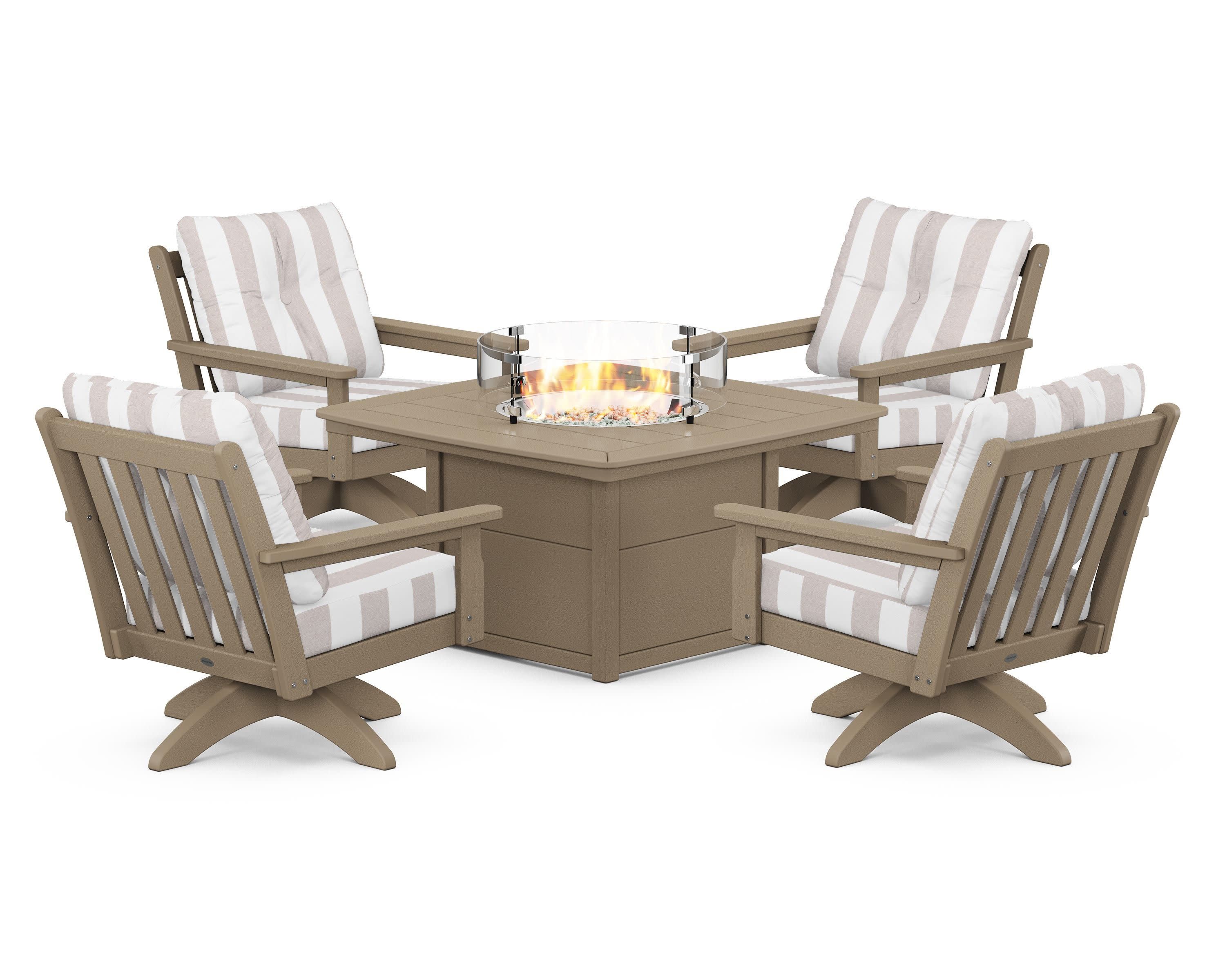 Vineyard 5-Piece Deep Seating Swivel Conversation Set with Fire Pit Table in Vintage Sahara / Cabana Stripe Dune Burlap