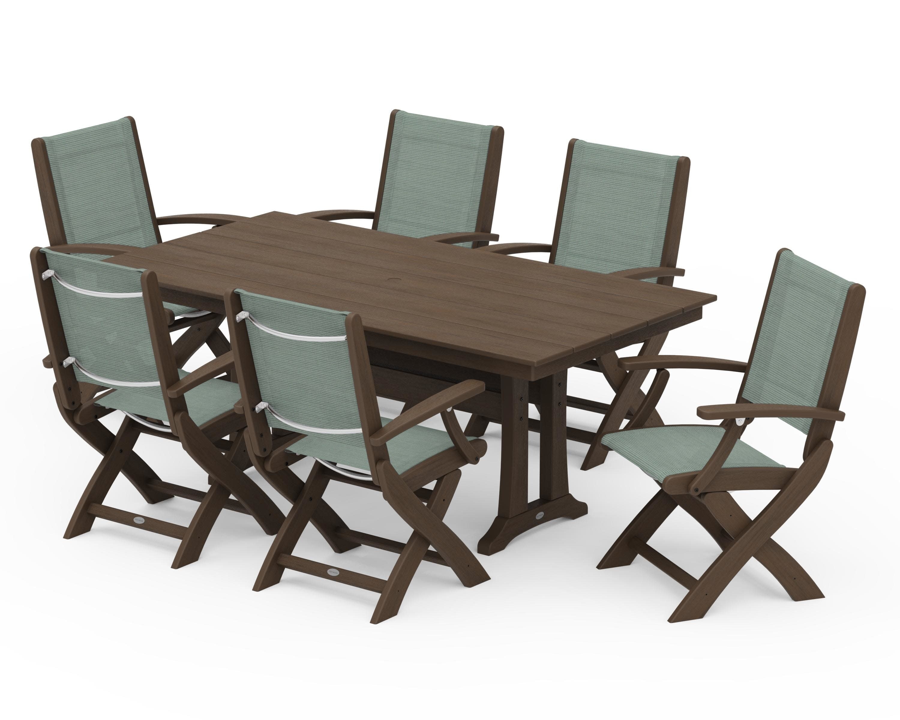 Coastal Folding Arm Chair 7-Piece Farmhouse Dining Set with Trestle Legs in Kona / Dupioni Sea Mist Sling