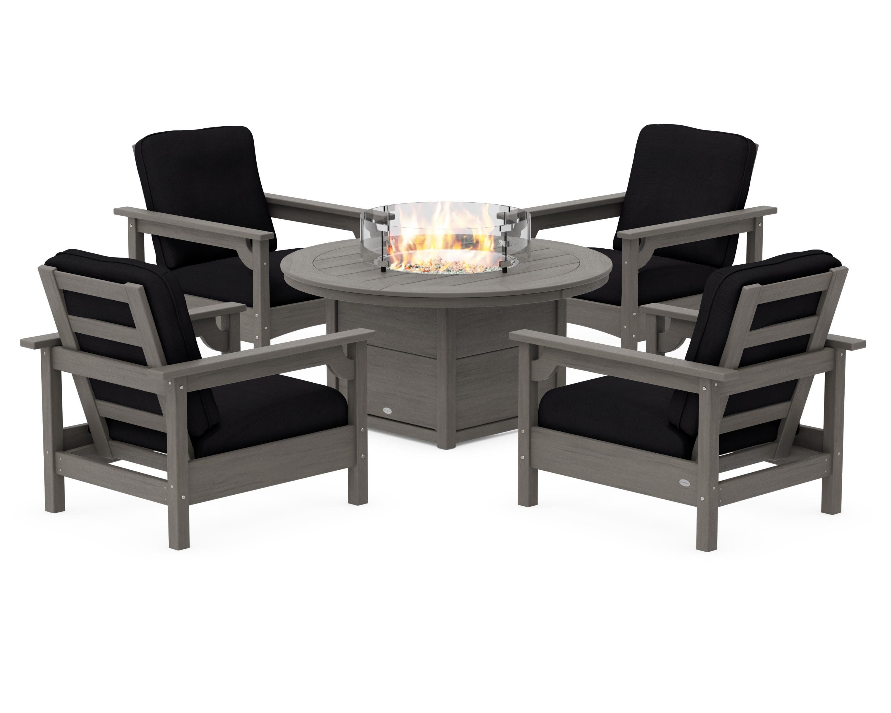 Club 5-Piece Conversation Set with Fire Pit Table in Driftwood / Midnight Linen