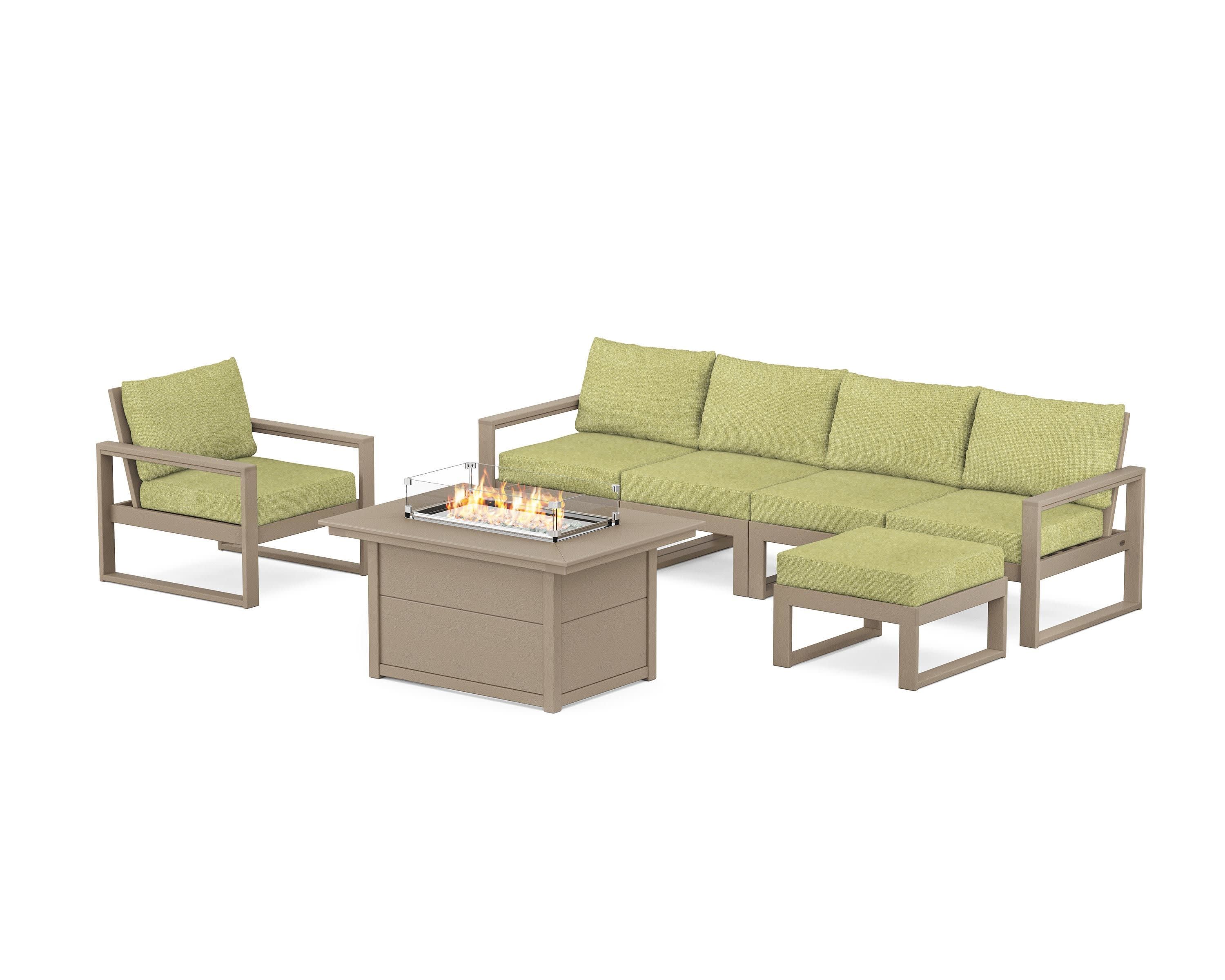 EDGE Sectional Lounge and Fire Pit Set in Vintage Sahara / Chartreuse Boucle