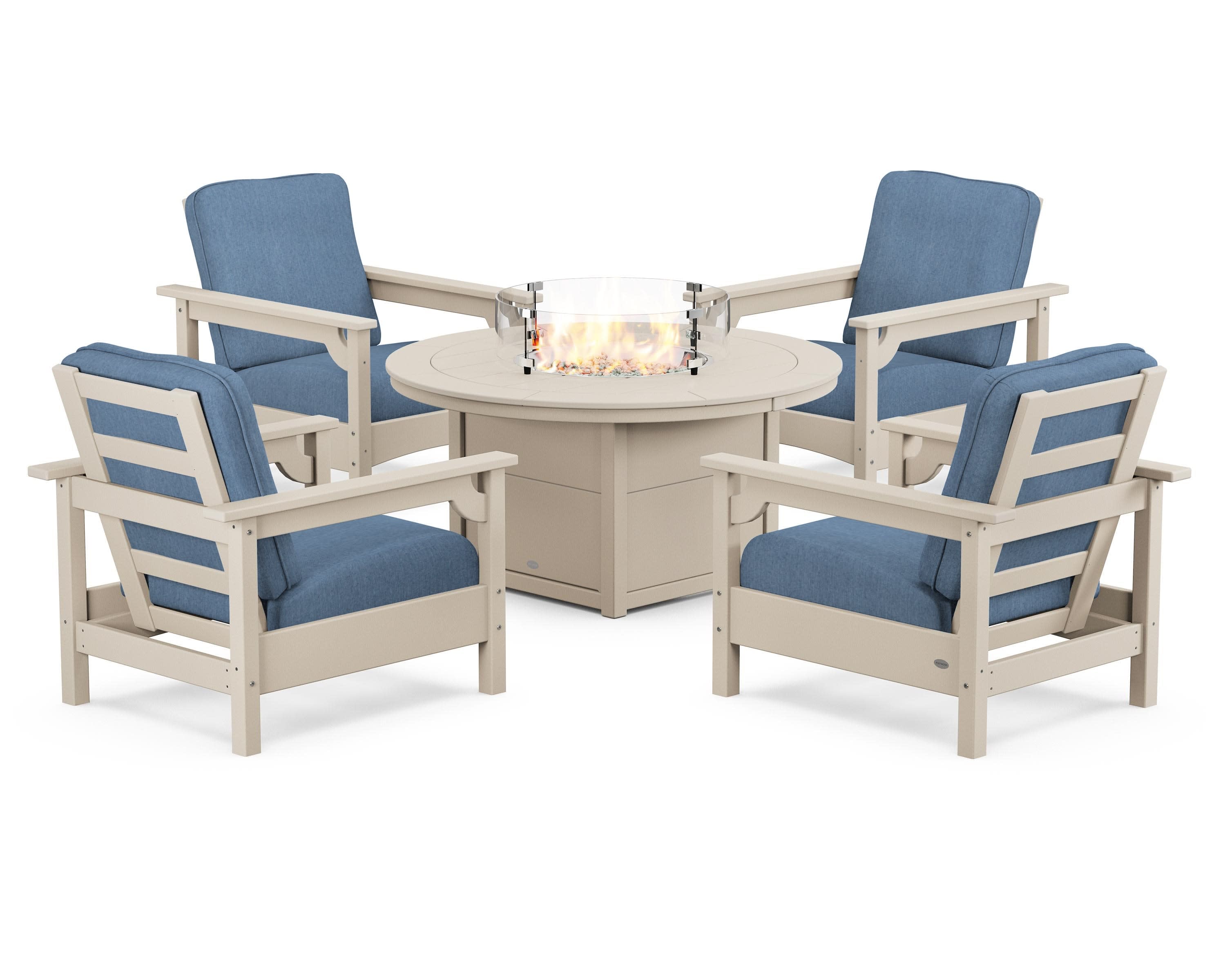 Club 5-Piece Conversation Set with Fire Pit Table in Sand / Sky Blue