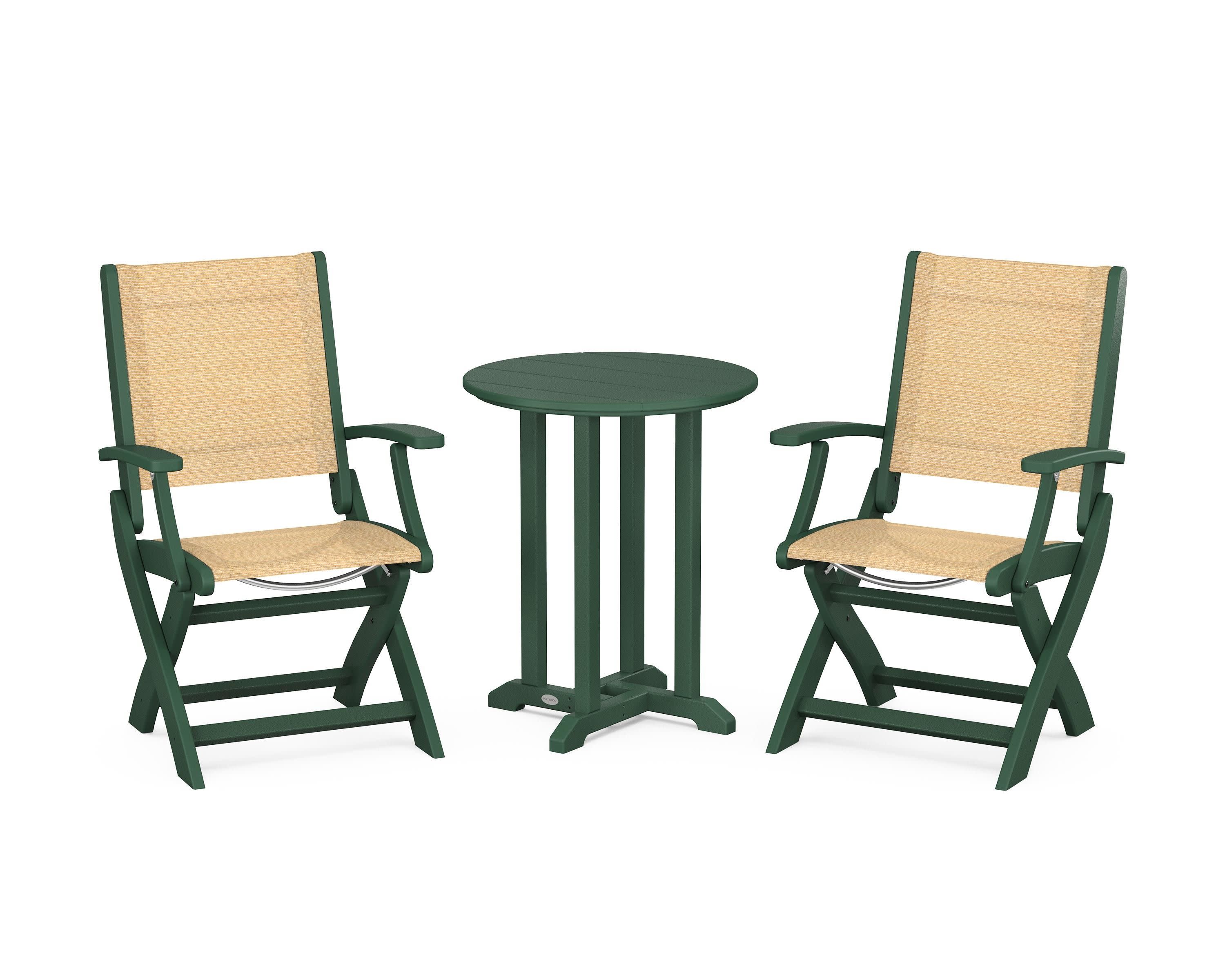 Coastal Folding 3-Piece Round Bistro Dining Set in Green / Dupioni Apricot Sling