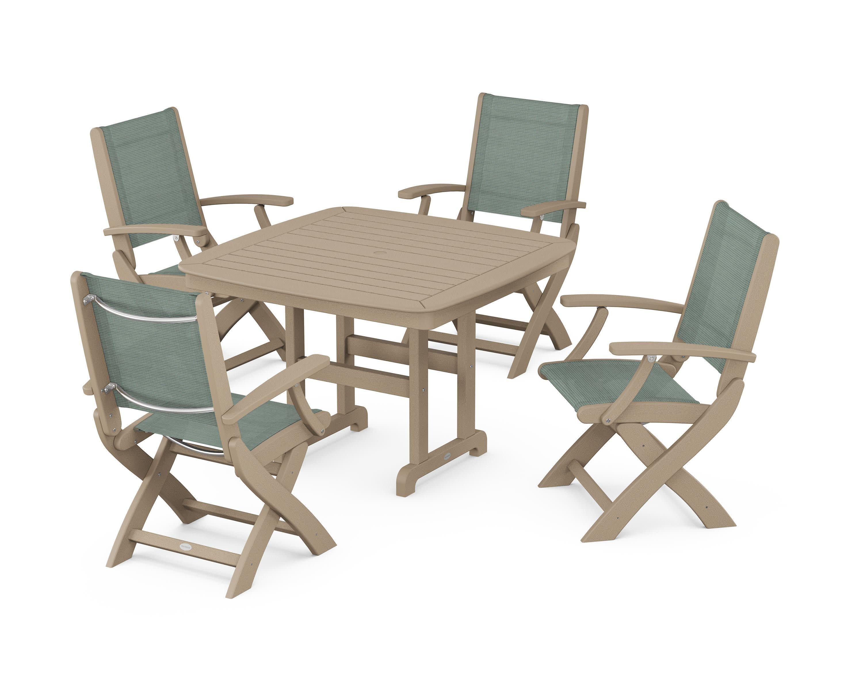 Coastal Folding Chair 5-Piece Dining Set in Vintage Sahara / Dupioni Sea Mist Sling