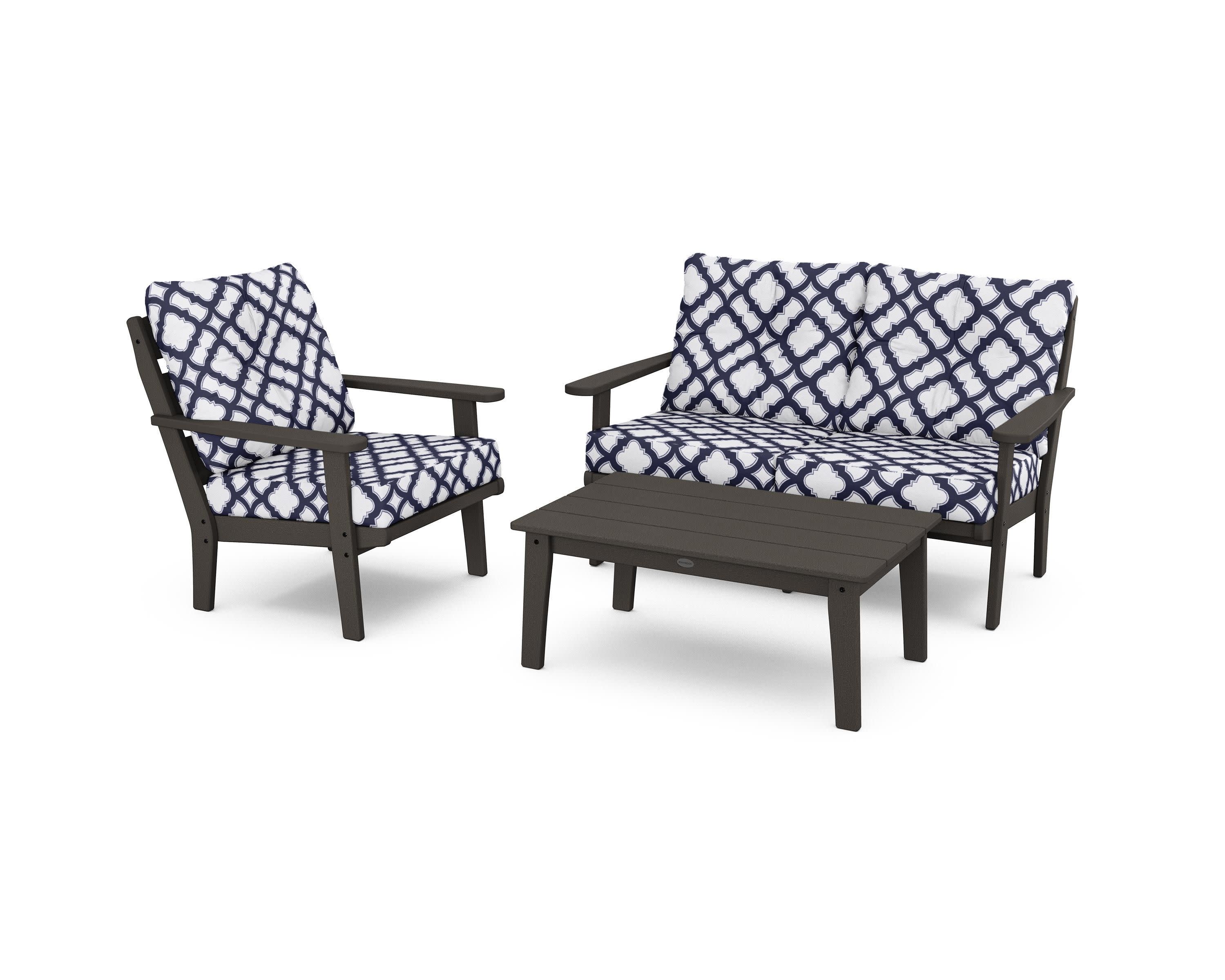 Lakeside 3-Piece Deep Seating Set in Vintage Coffee / Trellis Navy