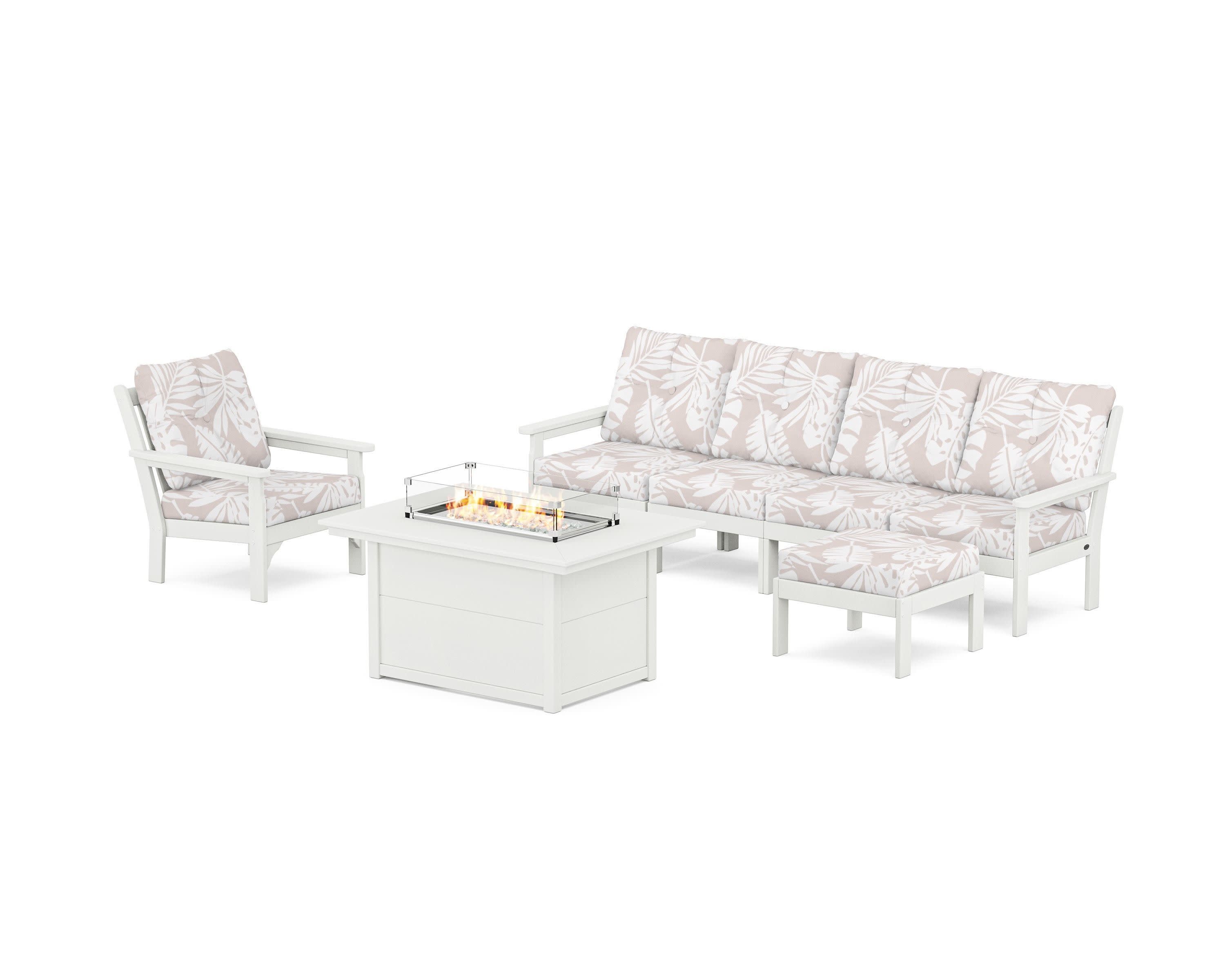 Vineyard Sectional Lounge and Fire Pit Set in Vintage White / Leaf Dune Burlap