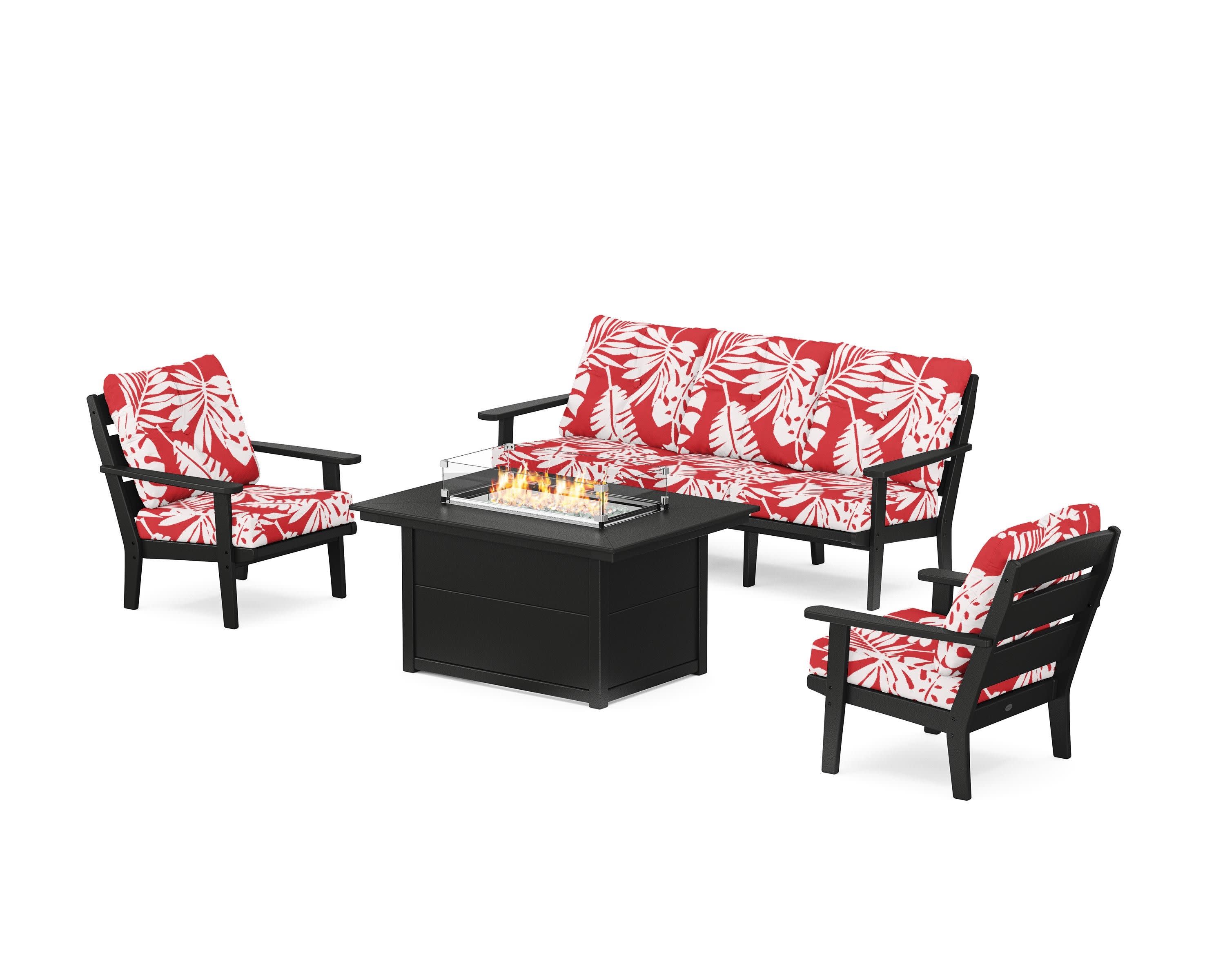 Lakeside Deep Seating Fire Pit Table Set in Black / Leaf Crimson