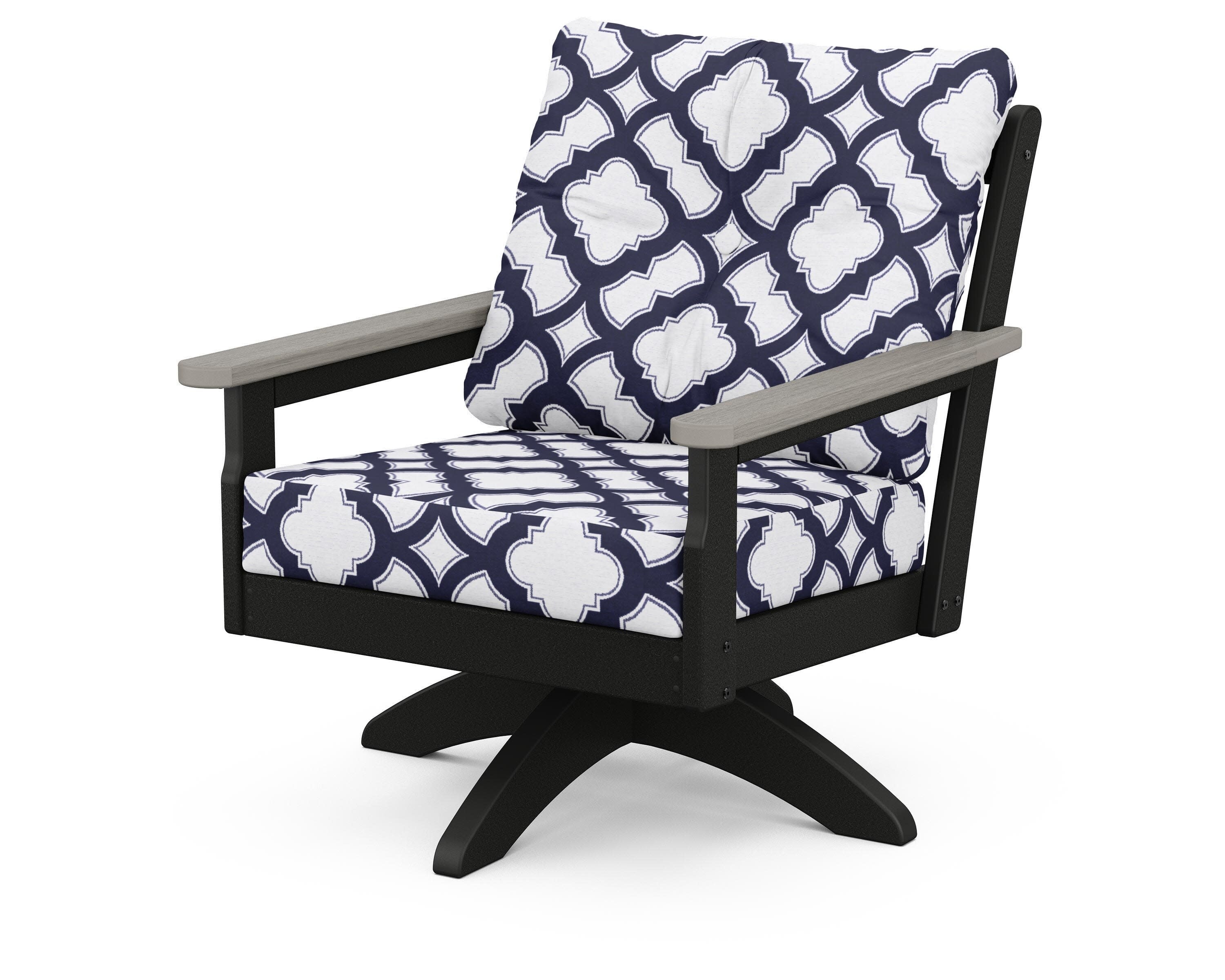 Vineyard Deep Seating Swivel Chair in Black / Driftwood / Trellis Navy