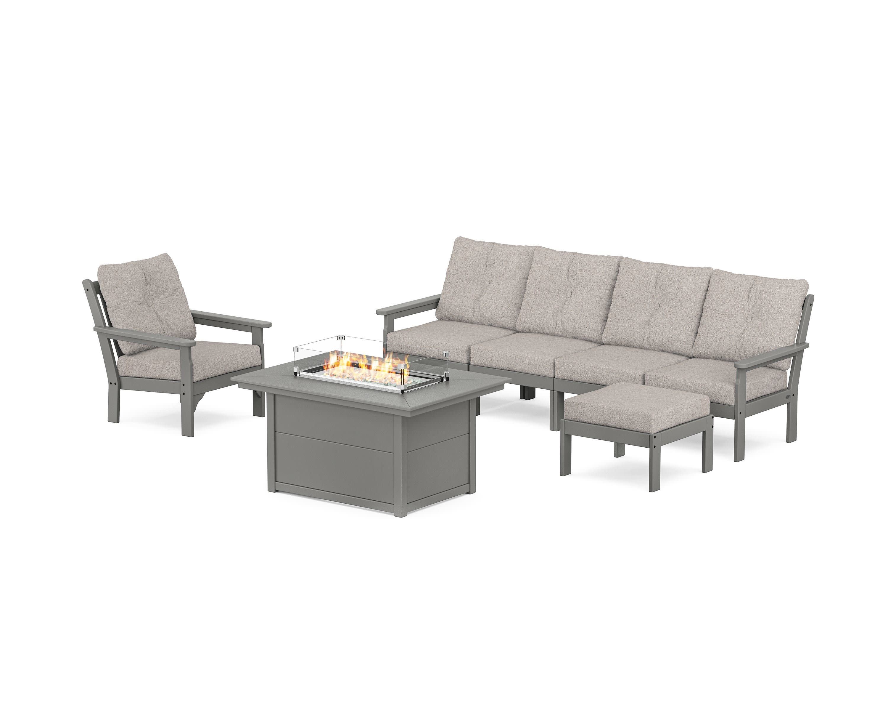 Vineyard Sectional Lounge and Fire Pit Set in Slate Grey / Weathered Tweed