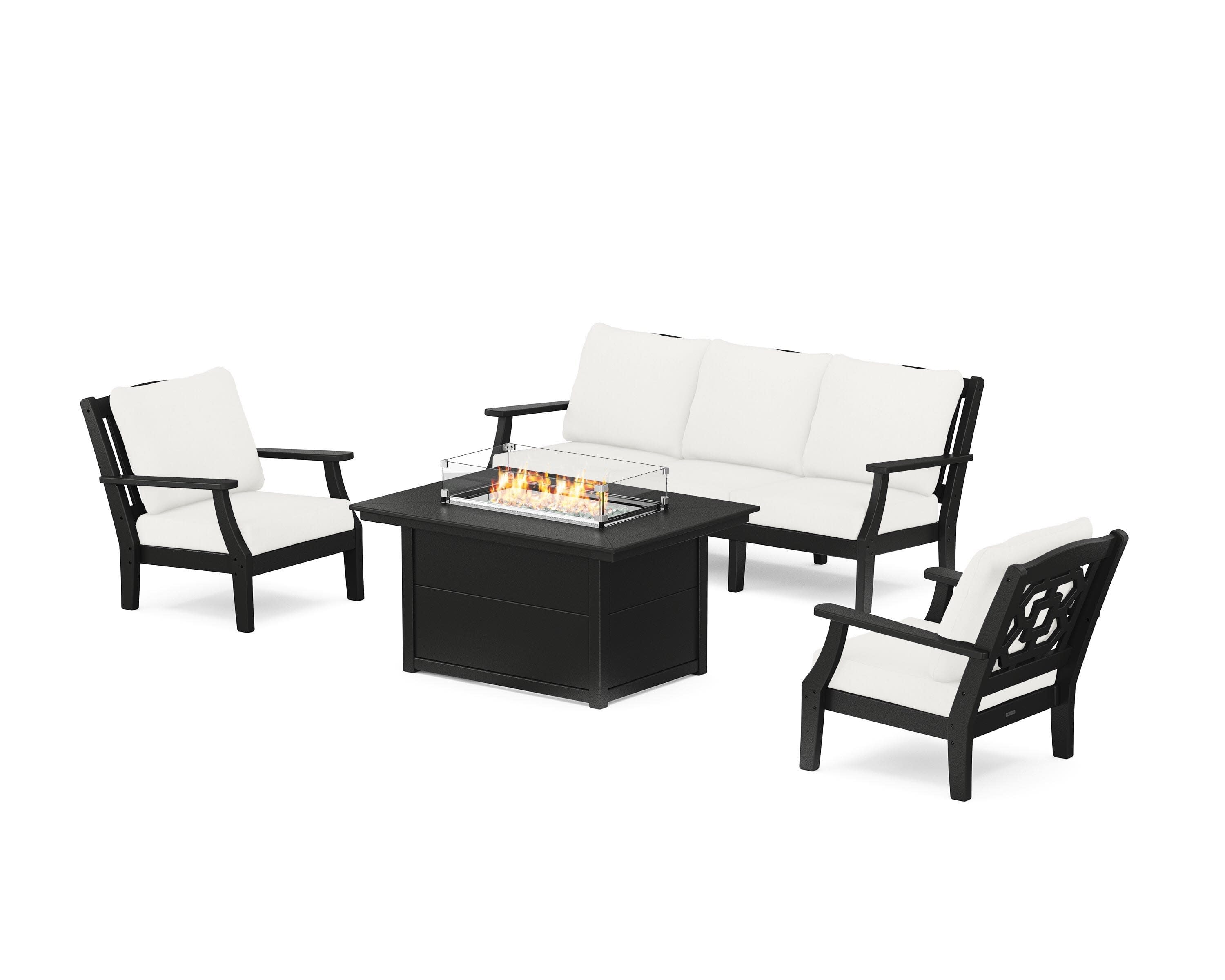 Chinoiserie Deep Seating Fire Pit Table Set in Black / Natural Linen