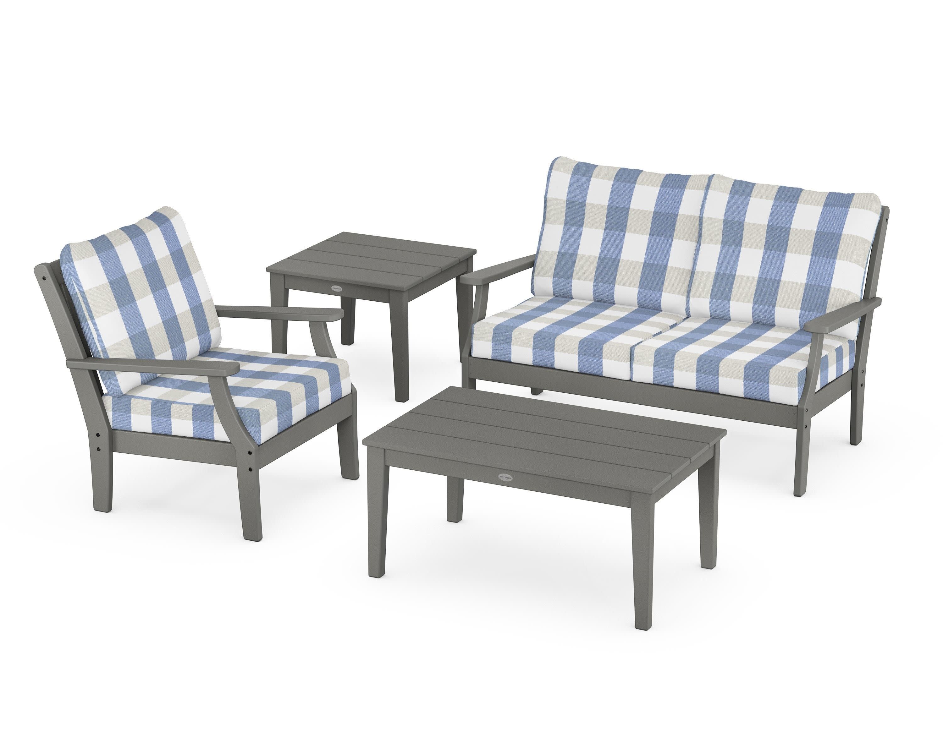 Braxton 4-Piece Deep Seating Set in Slate Grey / Buffalo Plaid Sky Blue
