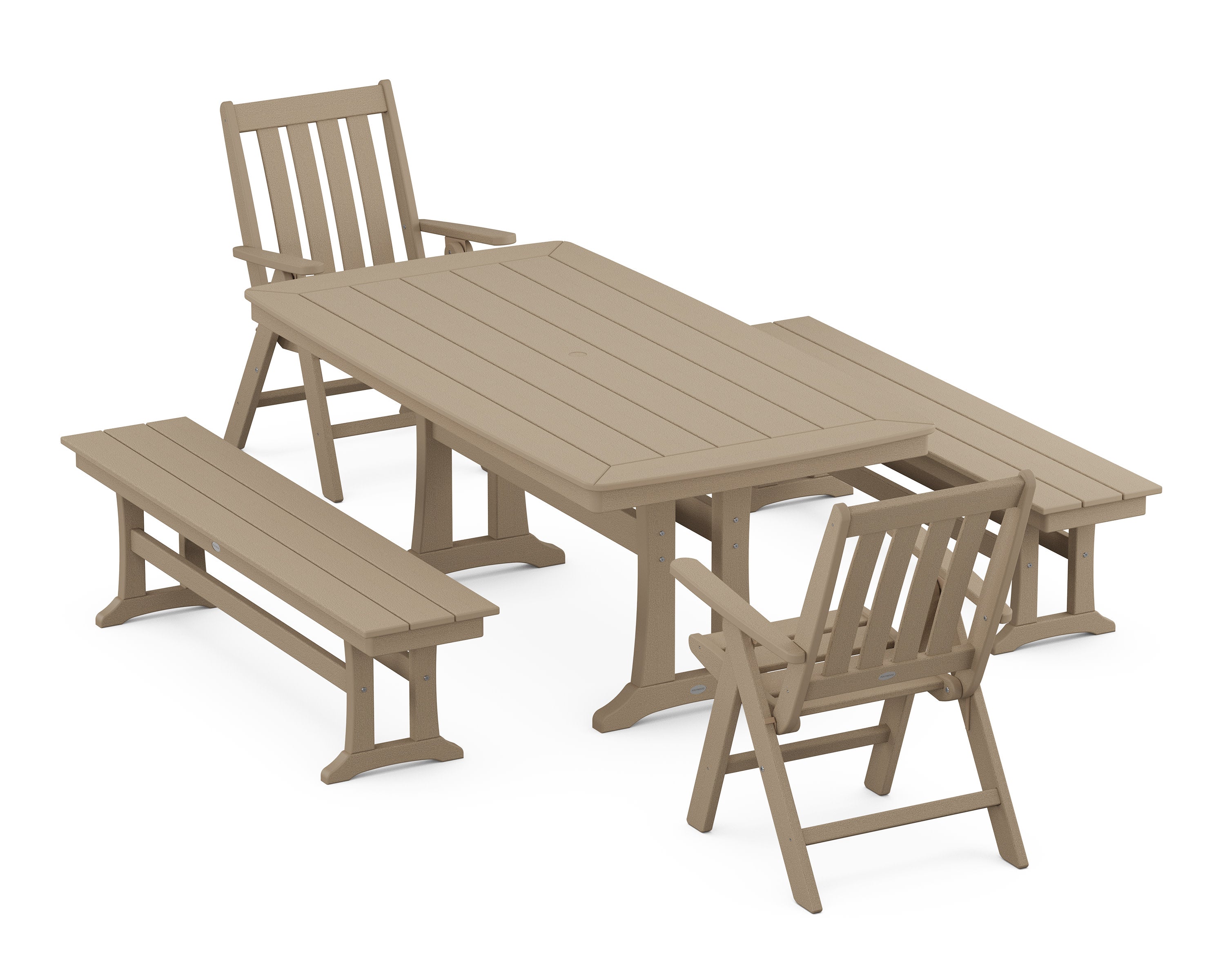 Vineyard Folding Chair 5-Piece Dining Set with Trestle Legs and Benches in Vintage Sahara