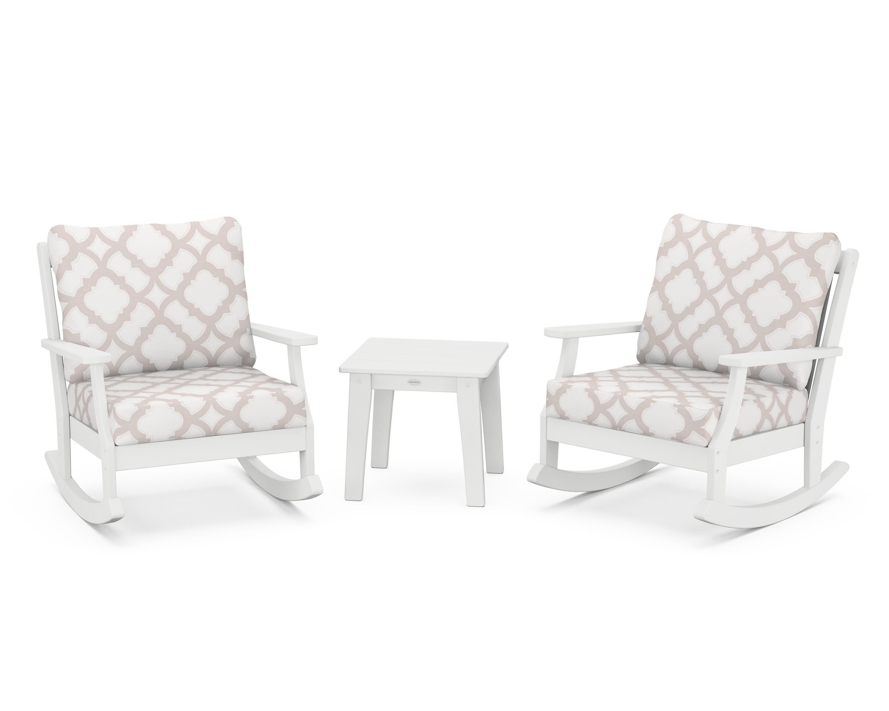 Braxton 3-Piece Deep Seating Rocker Set in White / Trellis Dune Burlap