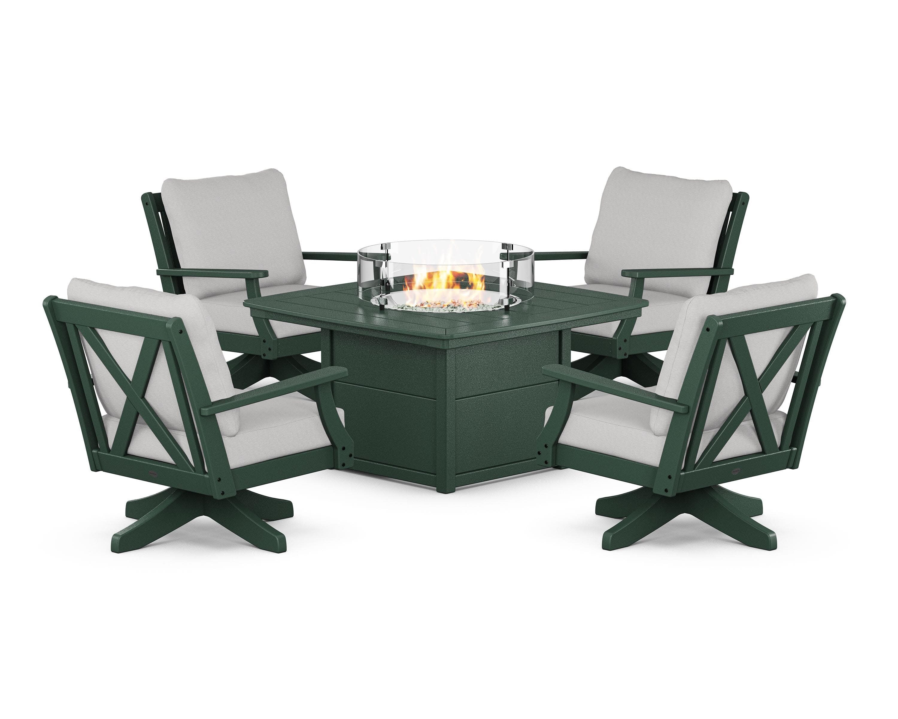 Braxton 5-Piece Deep Seating Swivel Conversation Set with Fire Pit Table in Green / Diamond in the Rough