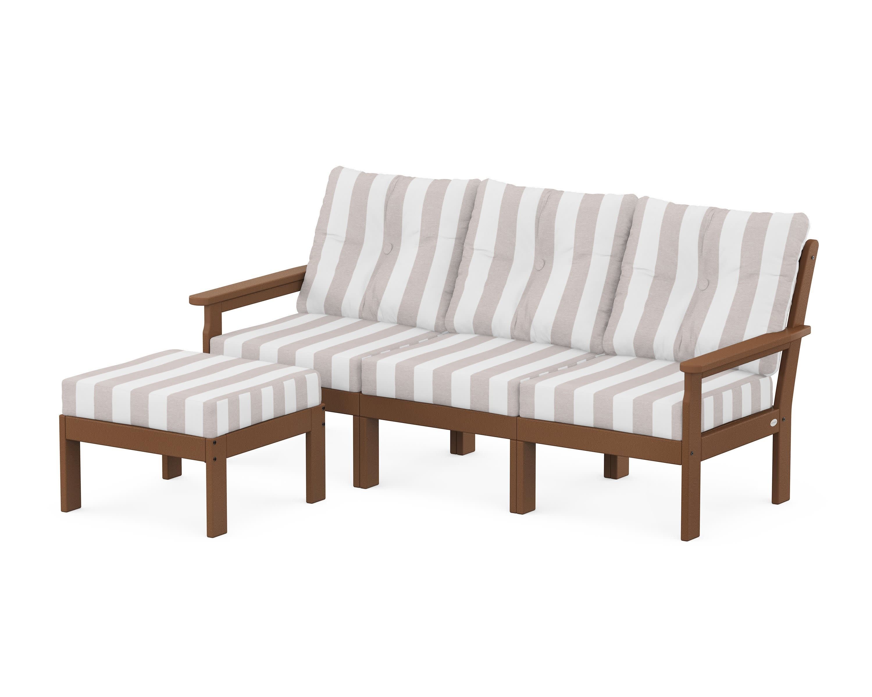 Vineyard 4-Piece Sectional with Ottoman in Teak / Cabana Stripe Dune Burlap