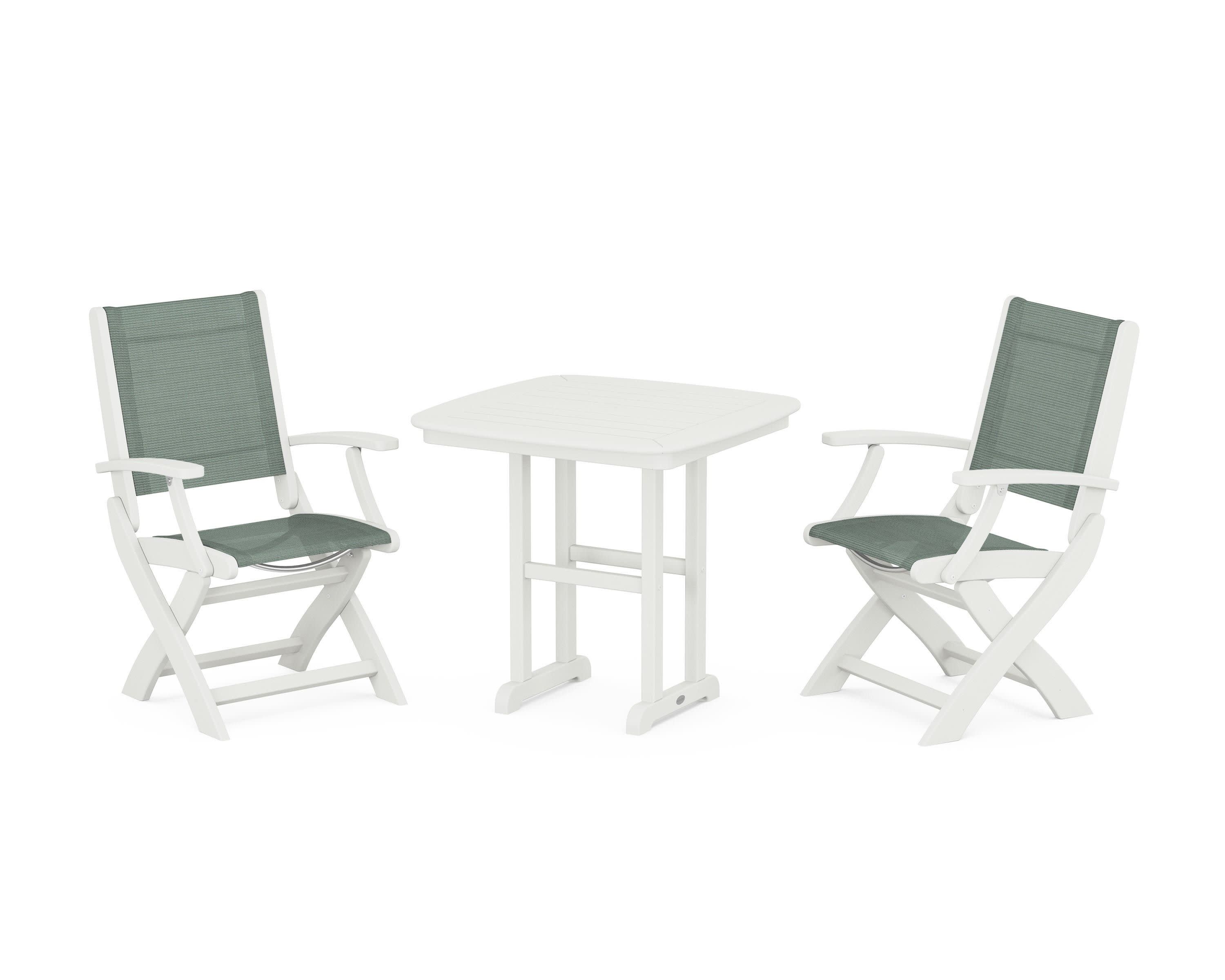 Coastal Folding Chair 3-Piece Dining Set in Vintage White / Dupioni Sea Mist Sling