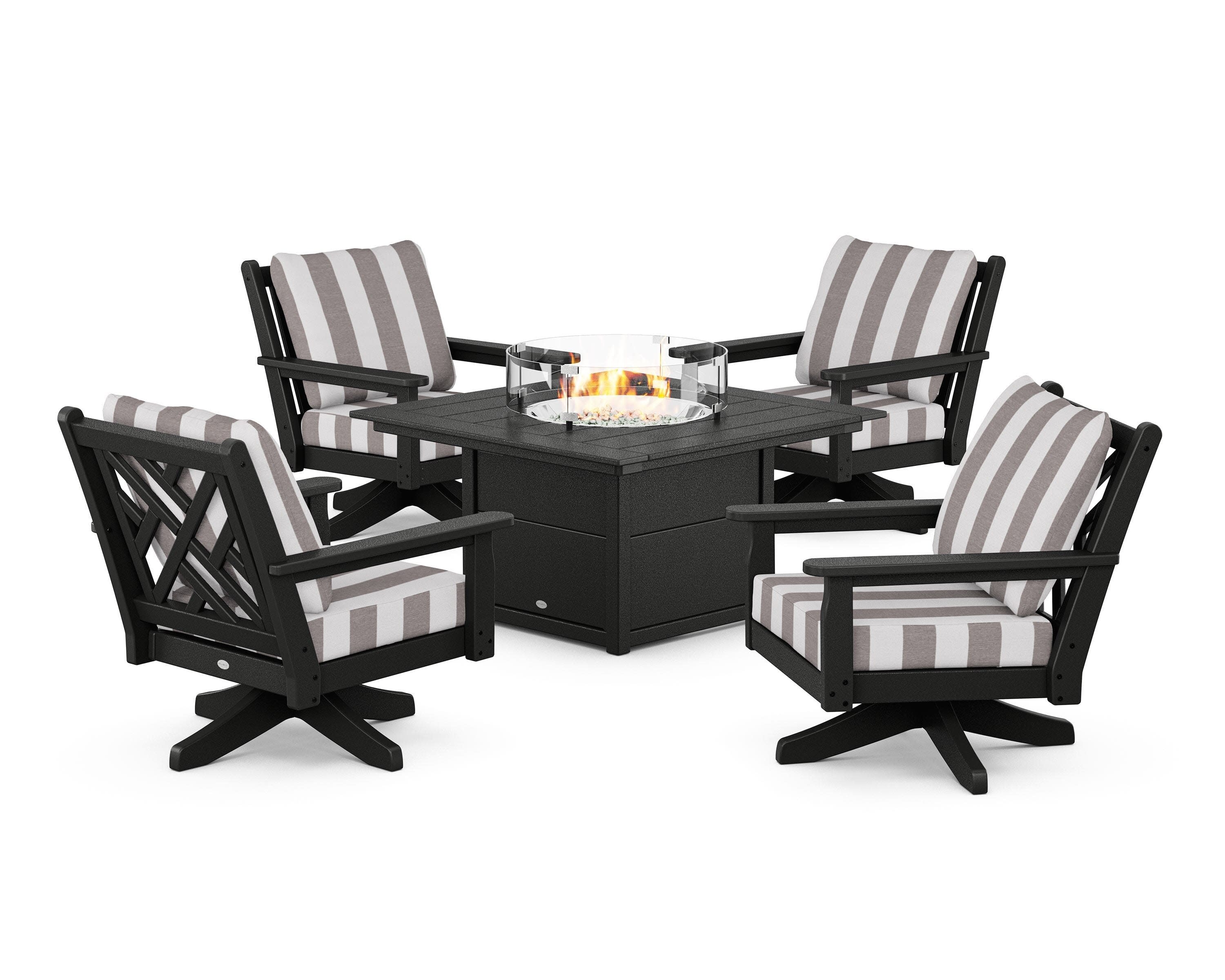 Chippendale 5-Piece Deep Seating Swivel Conversation Set with Fire Pit Table in Black / Cabana Stripe Grey Mist
