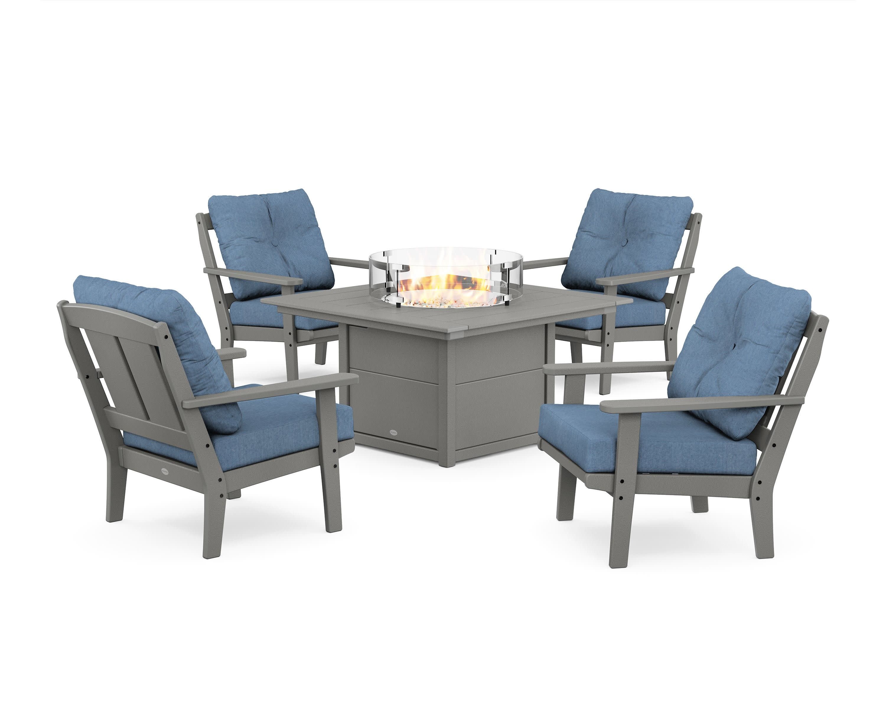 Mission 5-Piece Deep Seating Set with Fire Pit Table in Slate Grey / Sky Blue