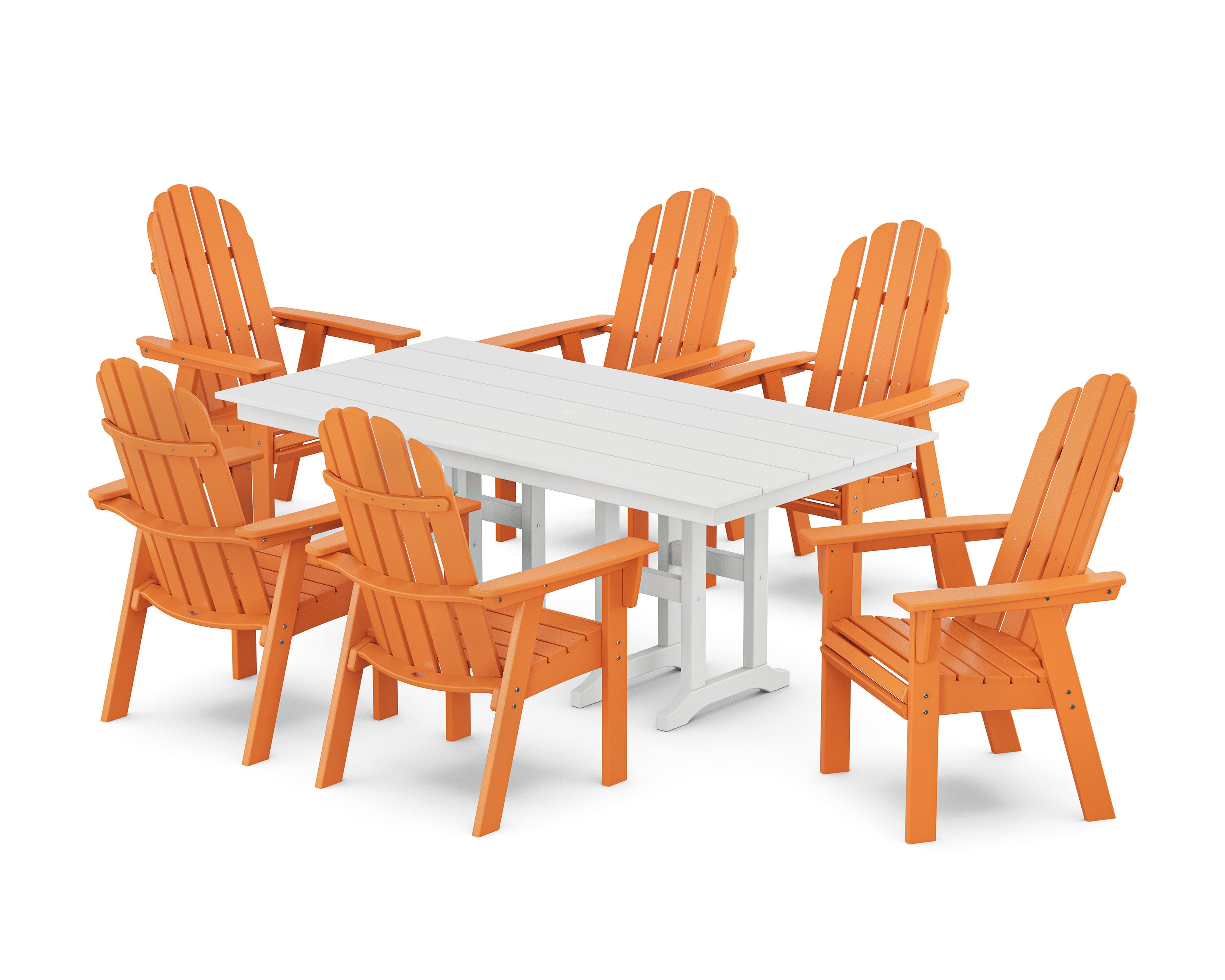 Vineyard Curveback Adirondack Chair 7-Piece Farmhouse Dining Set in Tangerine / White