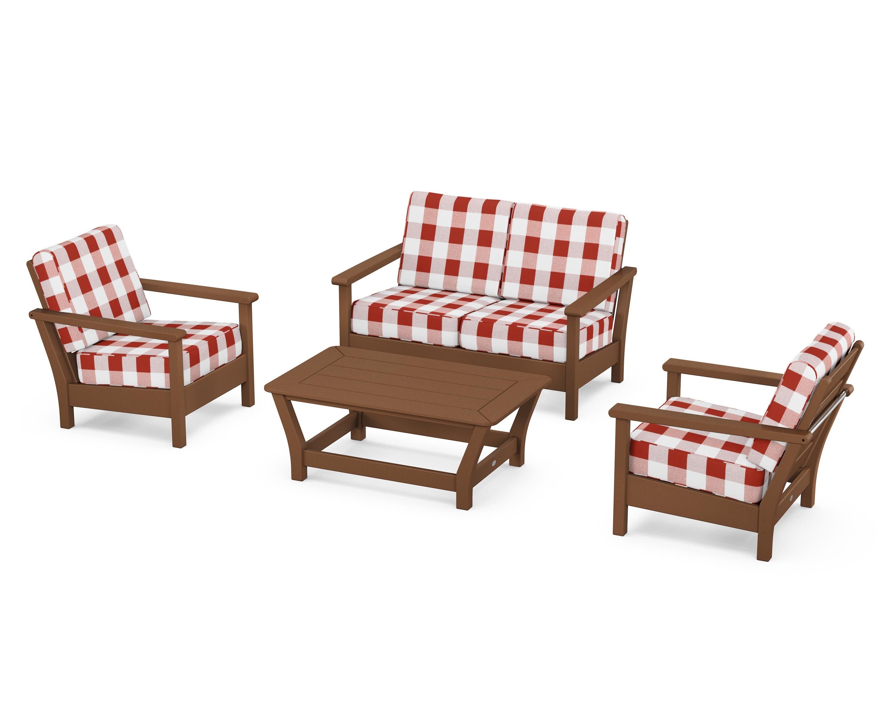 Harbour 4-Piece Deep Seating Set in Teak / Buffalo Plaid Crimson